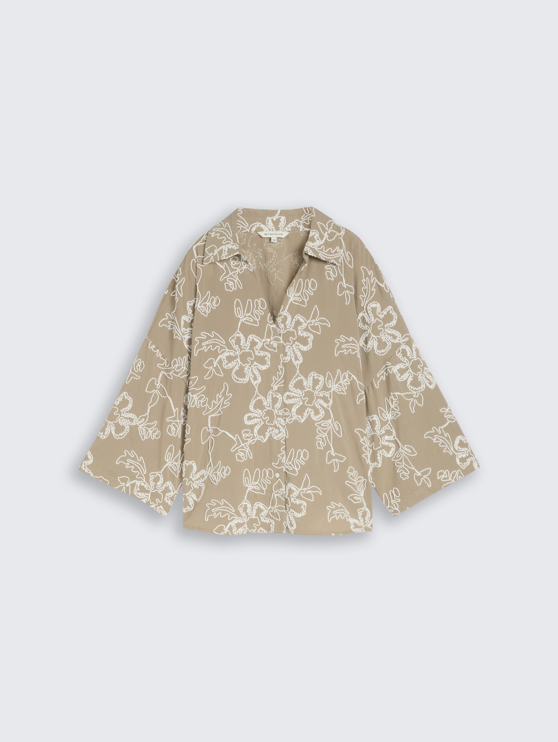 Oversize Bluse mit Blumen-Stickereien - olive white big flower design - Vorder-Produkt-Ansicht