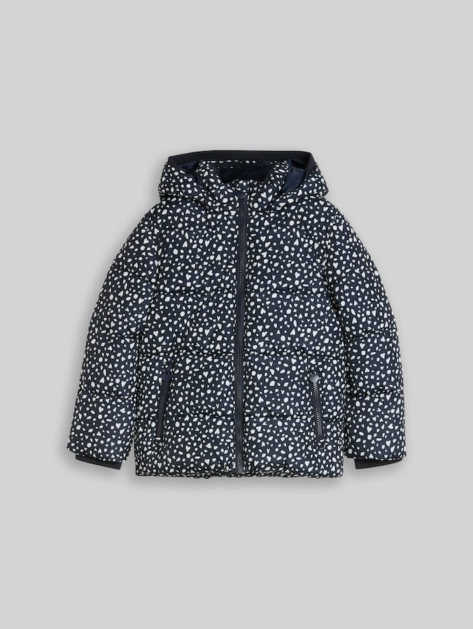 Puffer jacket made from water-repellent fabric by Mini Girls, dark base dots design