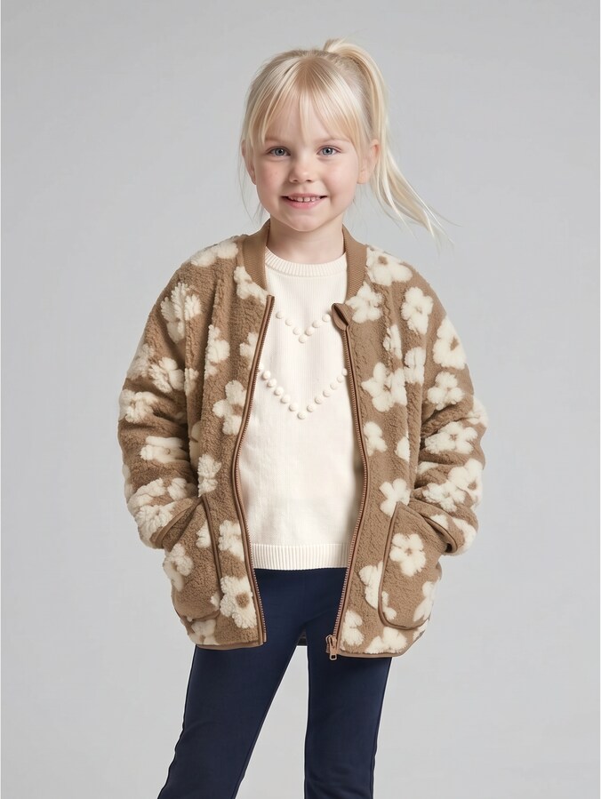Teddy Bomberjacke mit Blumenmuster von Mini Girls, brown teddy flower artwork