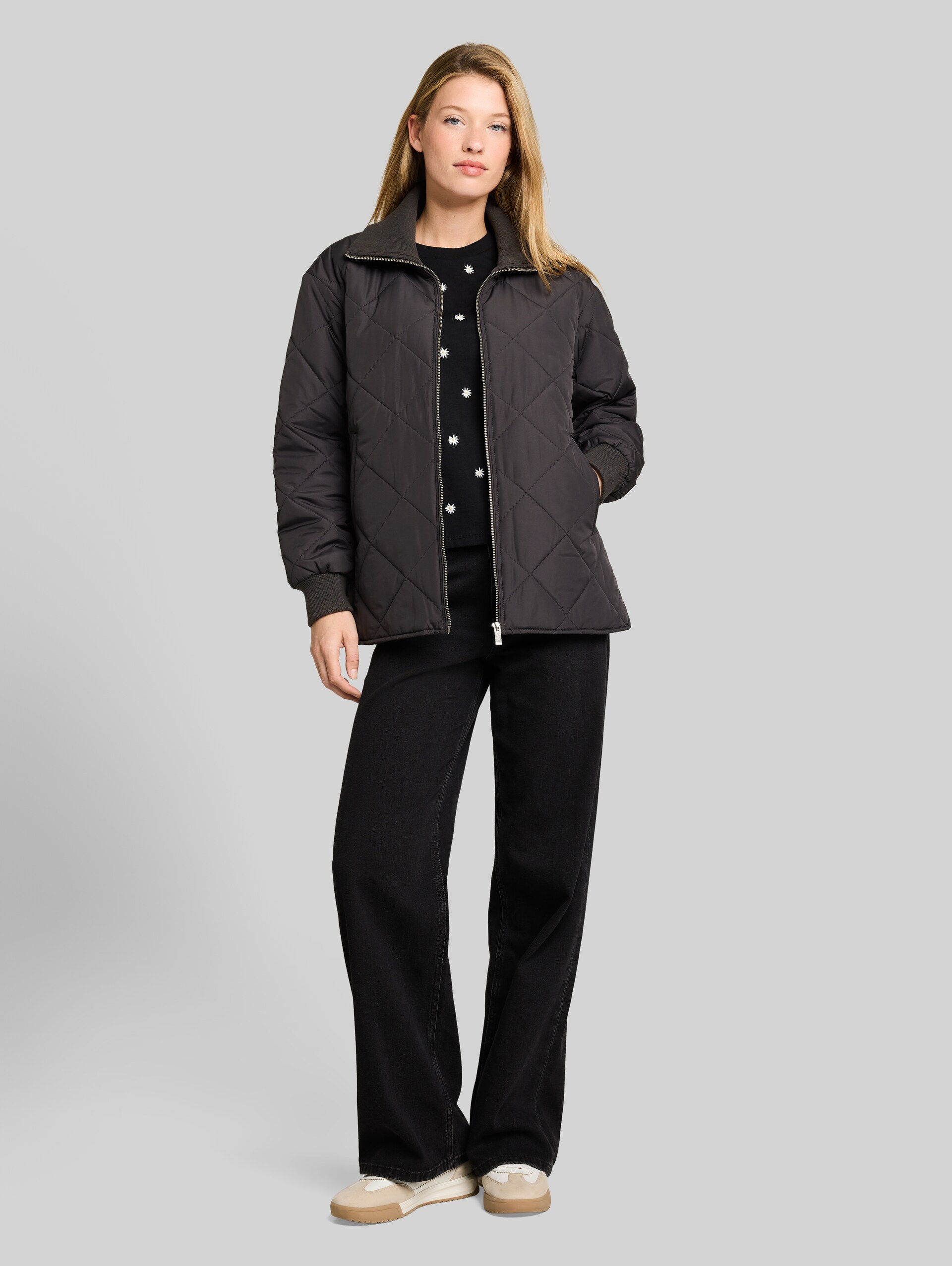 Steppjacke mit Stehkragen - Coal Mine Grey - seitliche Model-Ansicht