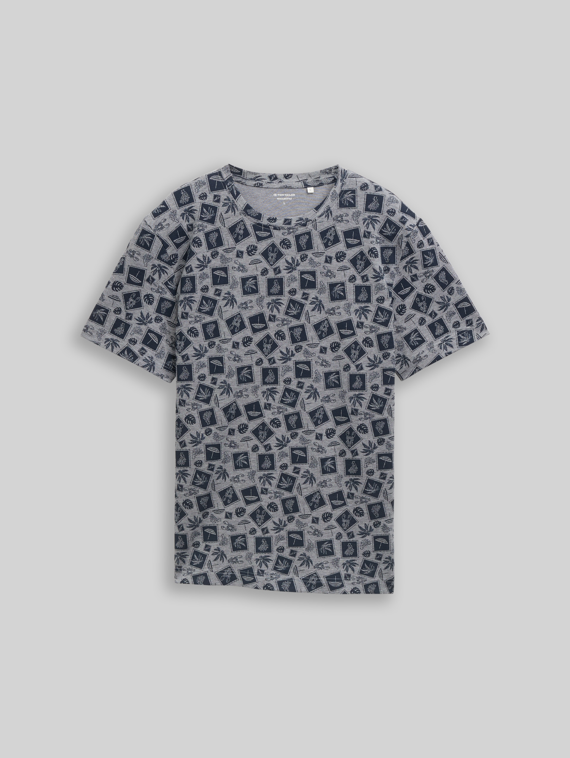 Piqué T-shirt with all-over print - navy tonal design - Front product view
