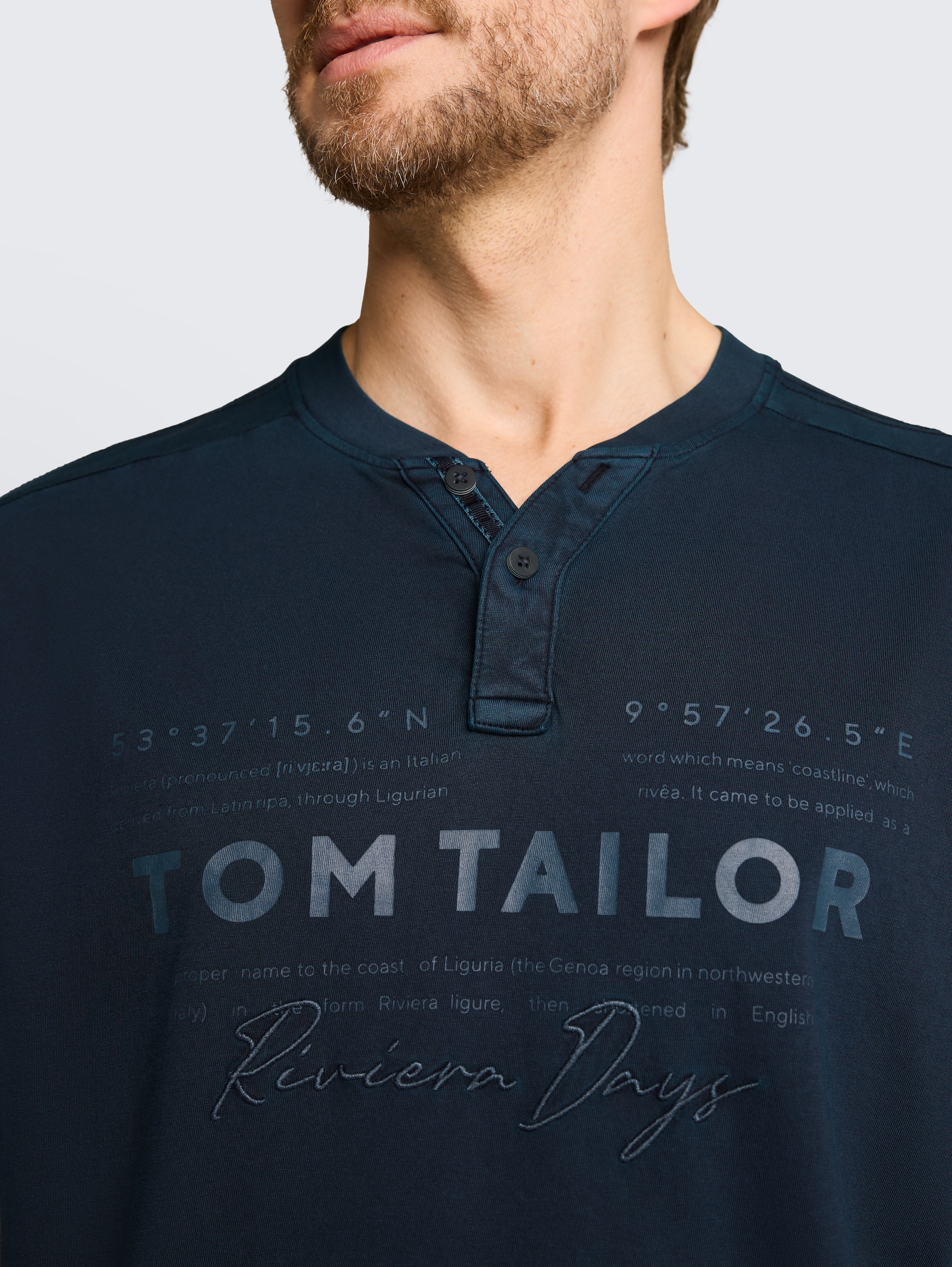 Henley T-Shirt im Used-Look - sky captain blue - Detail-Model-Ansicht