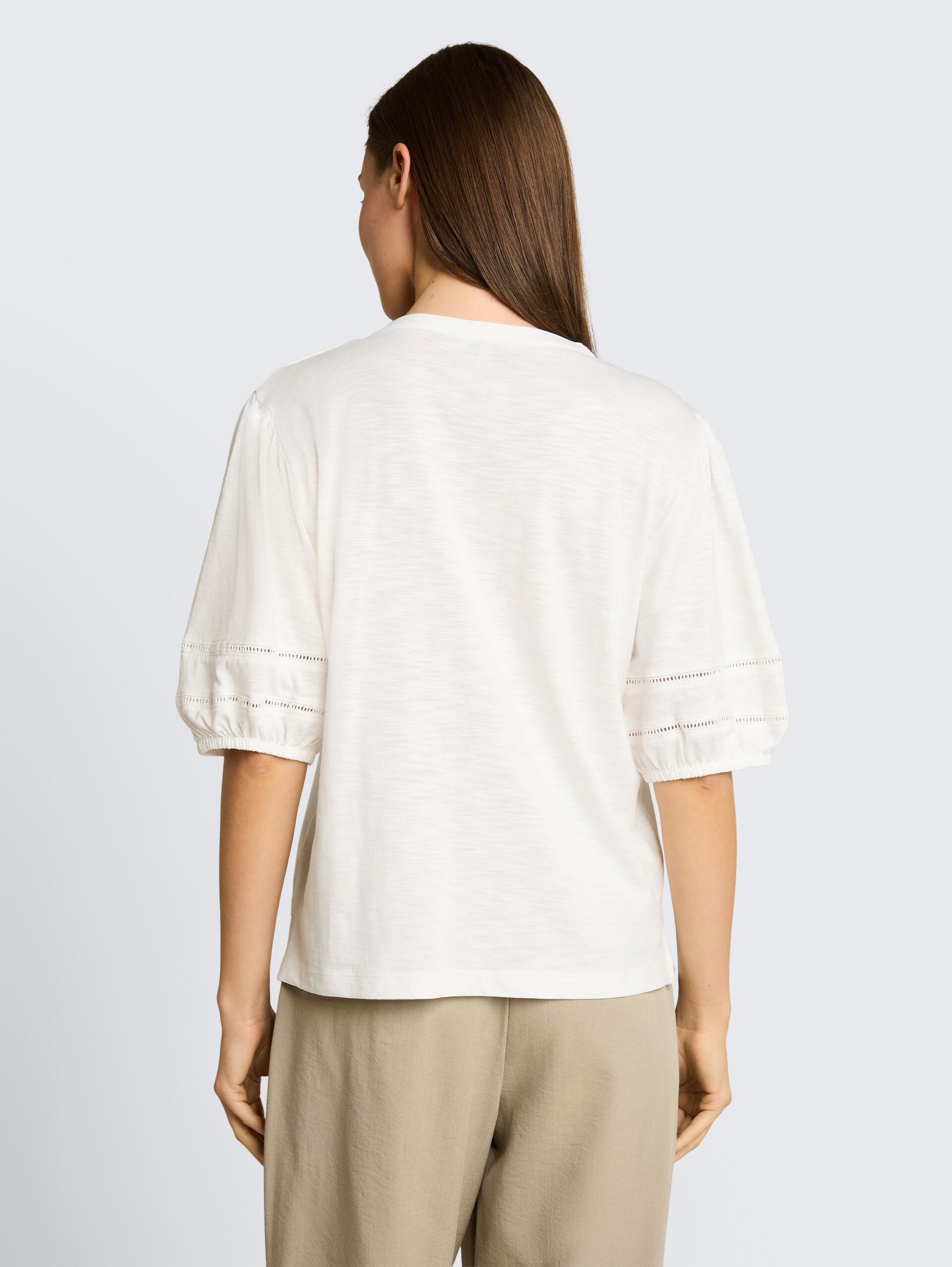 Blouse-style T-shirt with lace details - Whisper White - Neckline model-back view