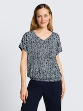 Crinkle T-shirt met patroon - navy small leaves design - Nek model vooraanzicht