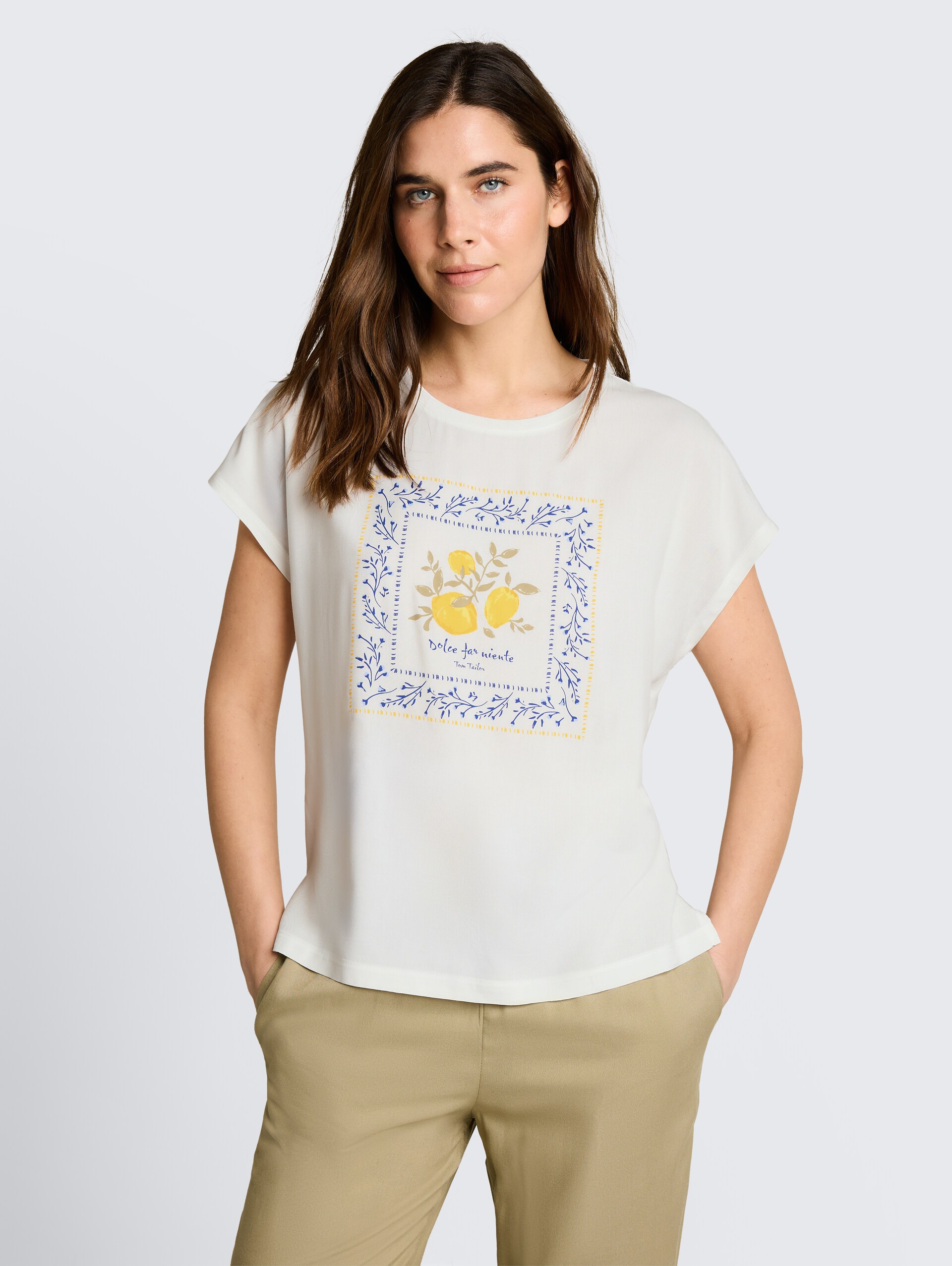 T-shirt in materiaalmix - Whisper White - Nek model vooraanzicht