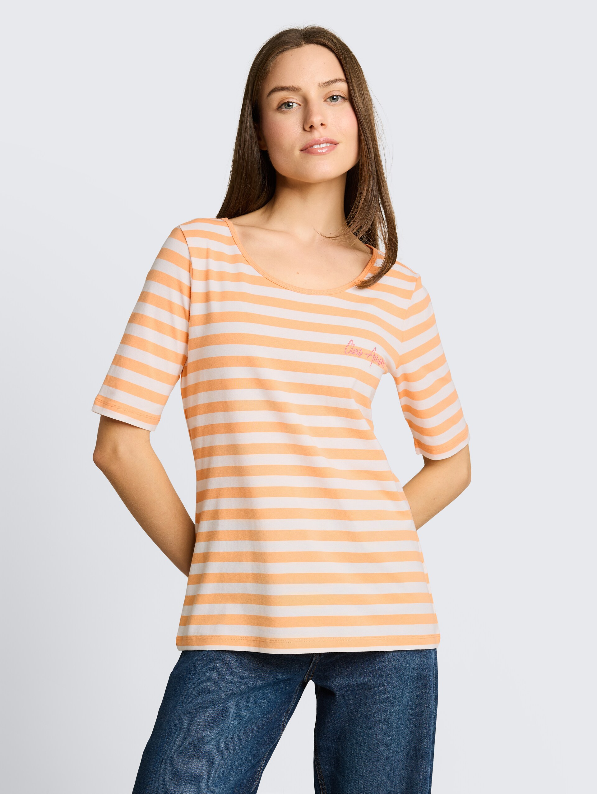 T-shirt met borduursel - orange white stripe - Nek model vooraanzicht