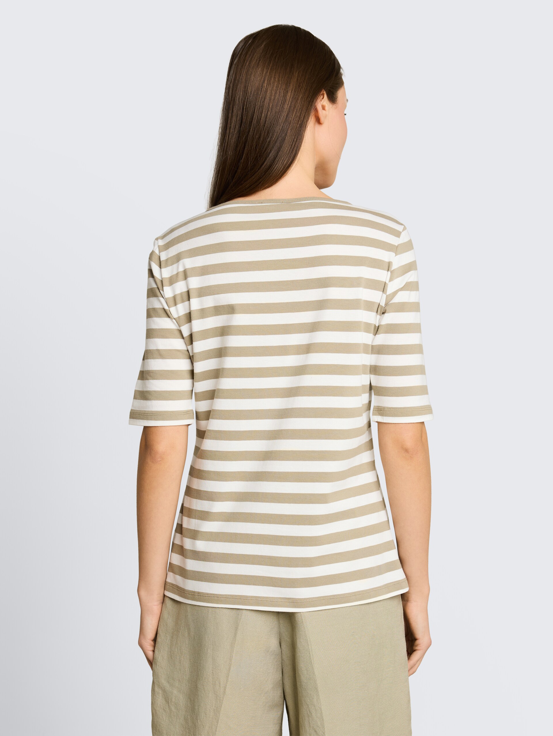 T-shirt met borduursel - olive white stripe - Neklijn model-achteraanzicht