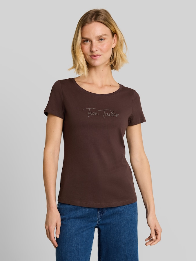T-shirt met glitterlogo door Women, java dark brown