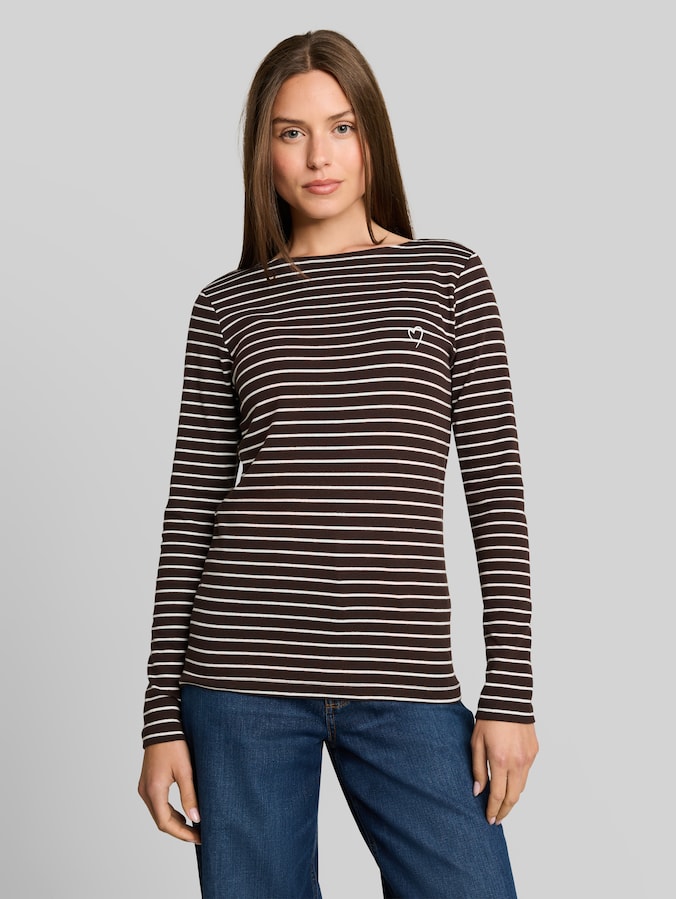 Shirt met lange mouwen en streepjesmotief door Women, brown white stripe