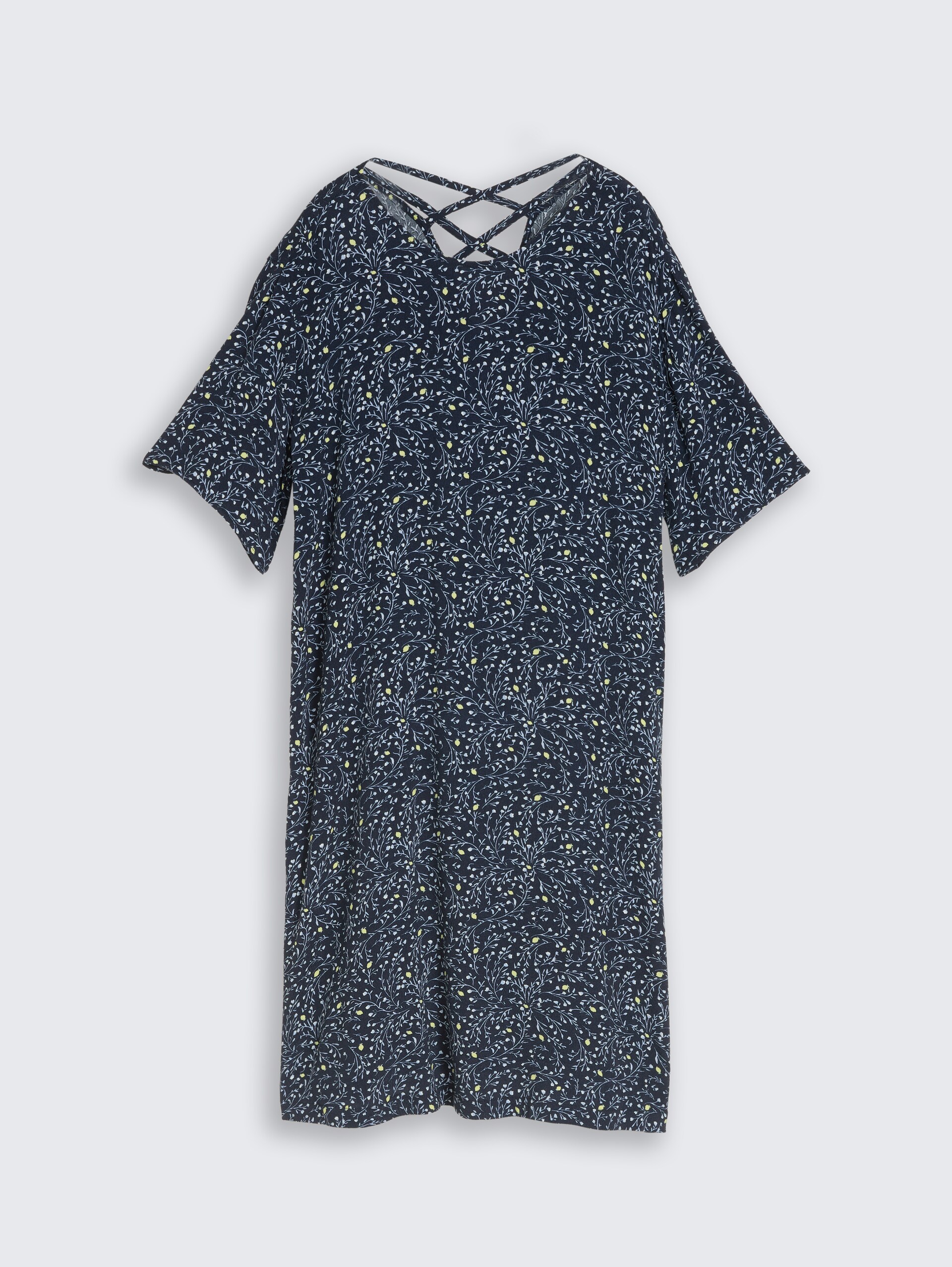 Losvallende jurk met uitsnijdingen - navy small leaves design - Product vooraanzicht