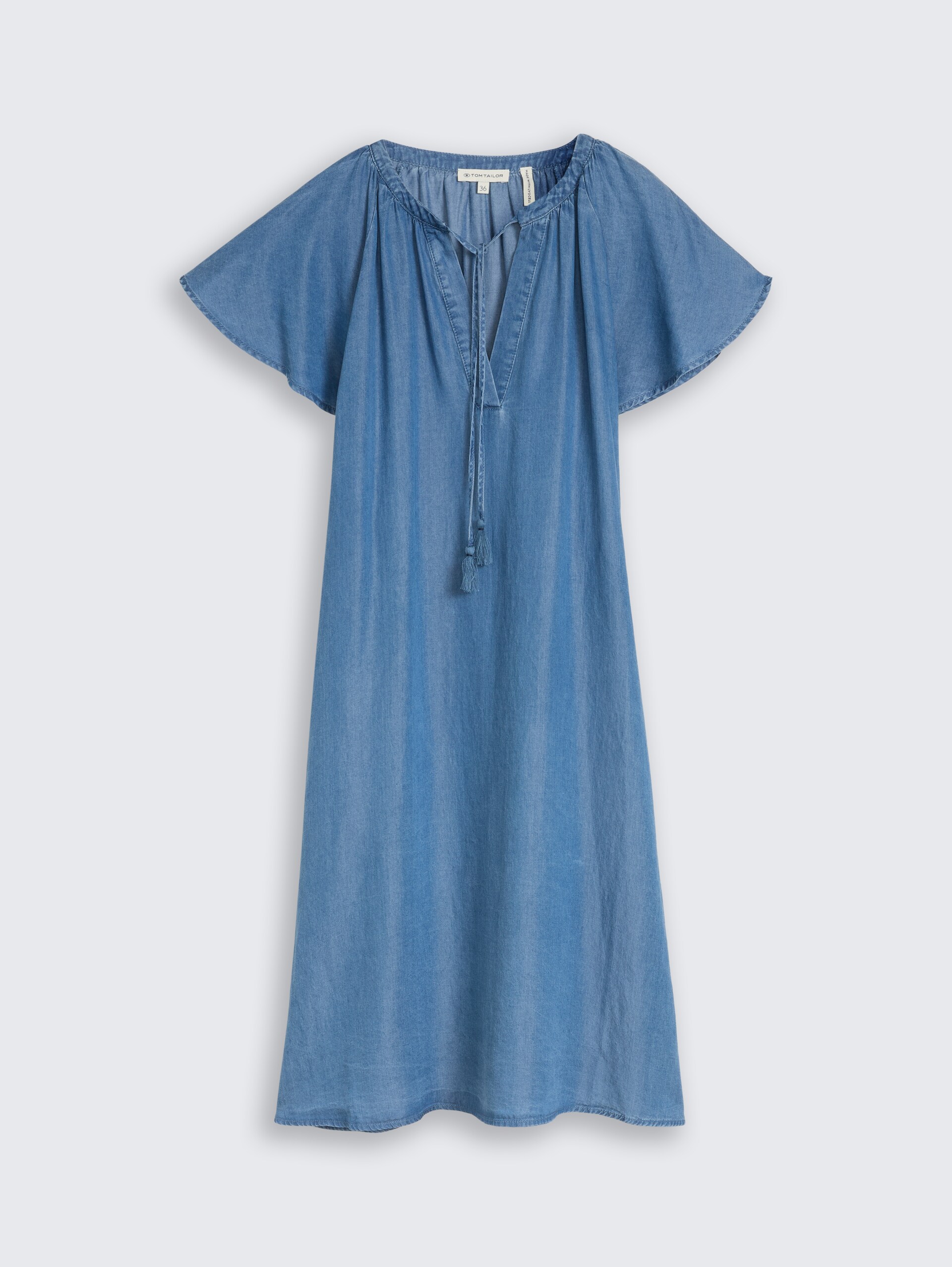 Loose Fit Kleid mit Quasten - Clean Light Stone Blue Denim - Vorder-Produkt-Ansicht