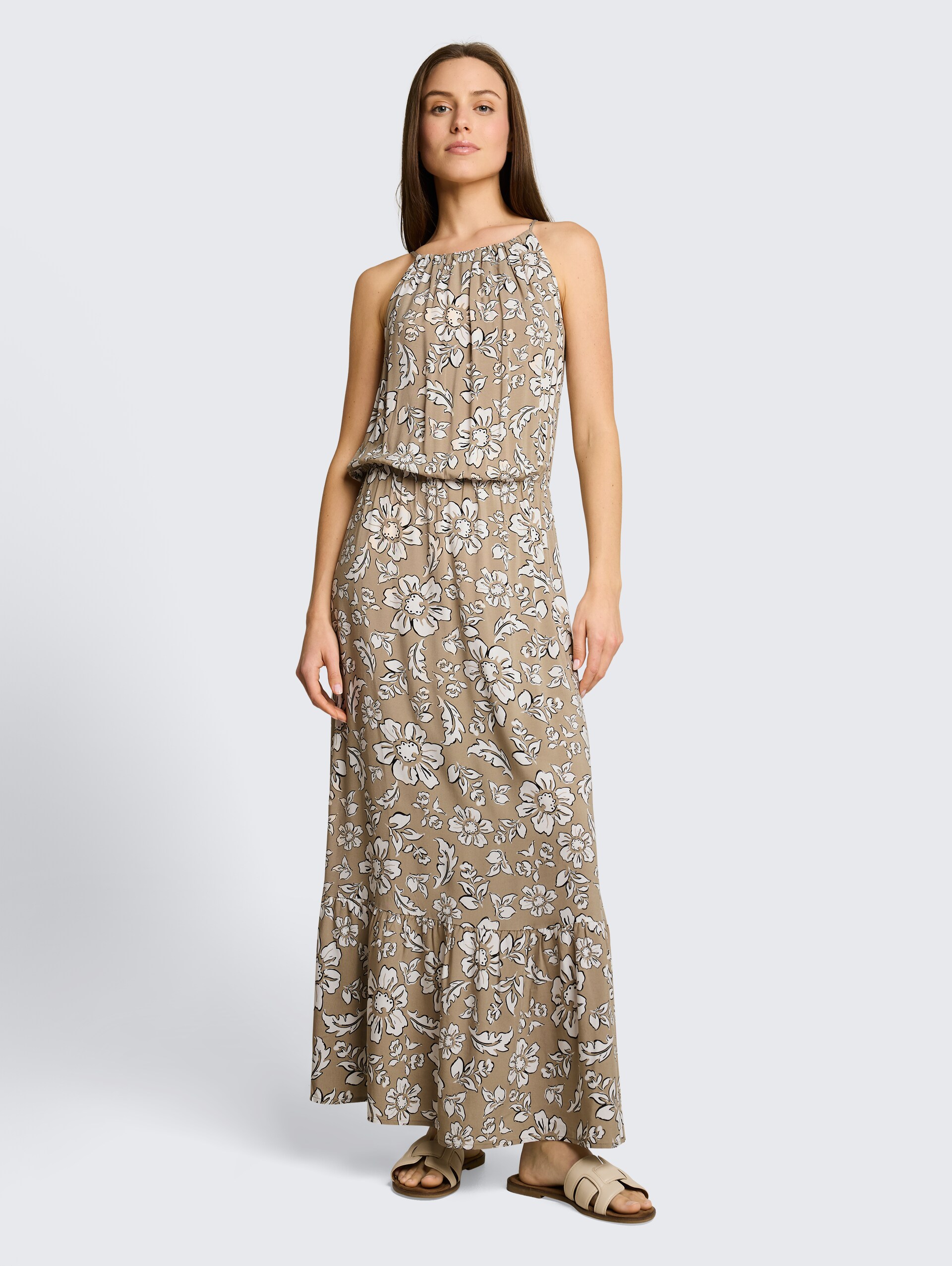 Maxijurk van viscose - olive big flower design - Model vooraanzicht