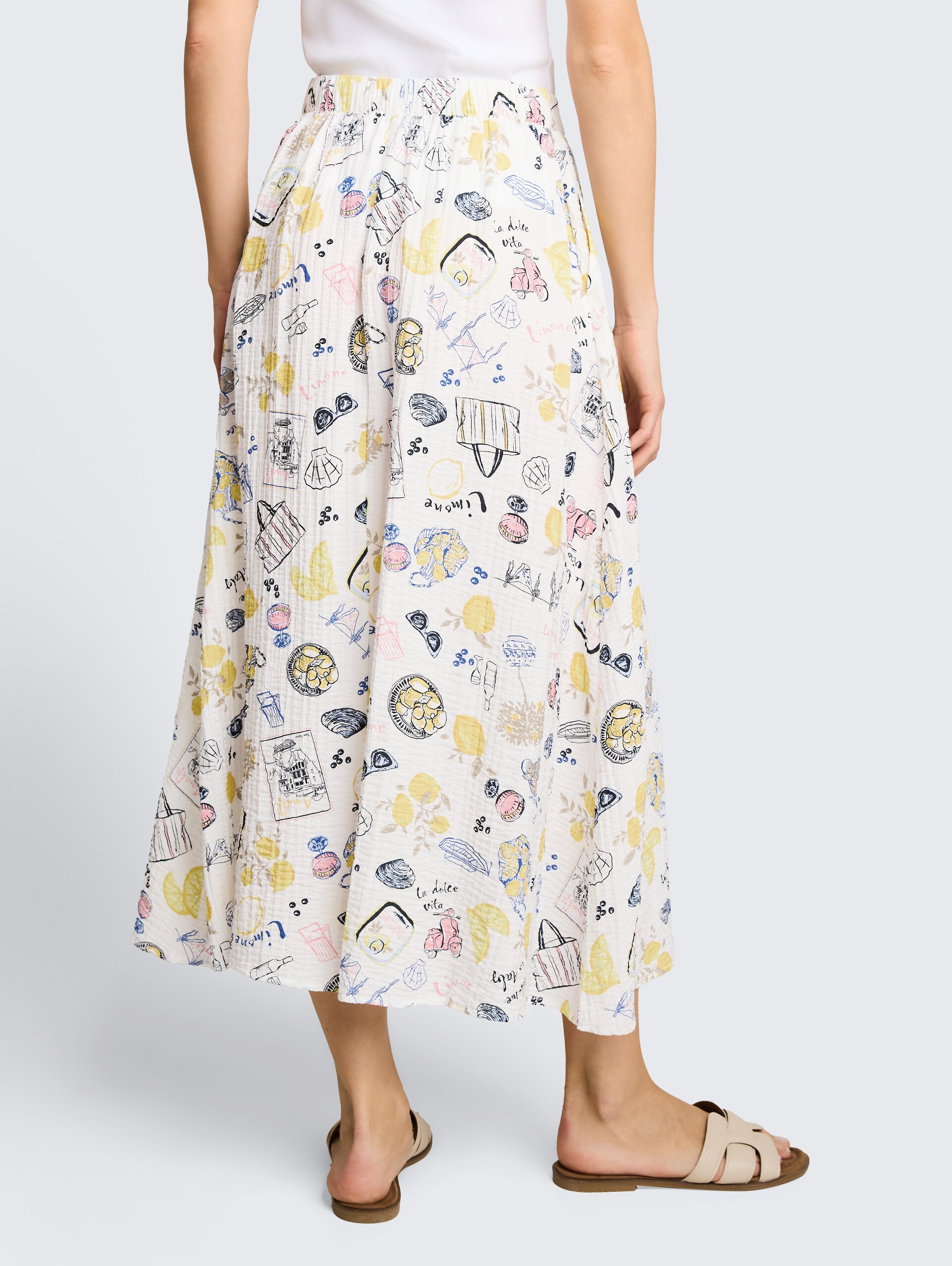 High Waist Midi-Rock mit Knopfleiste - summerly lemon print - Auschnitt Model-Rückansicht