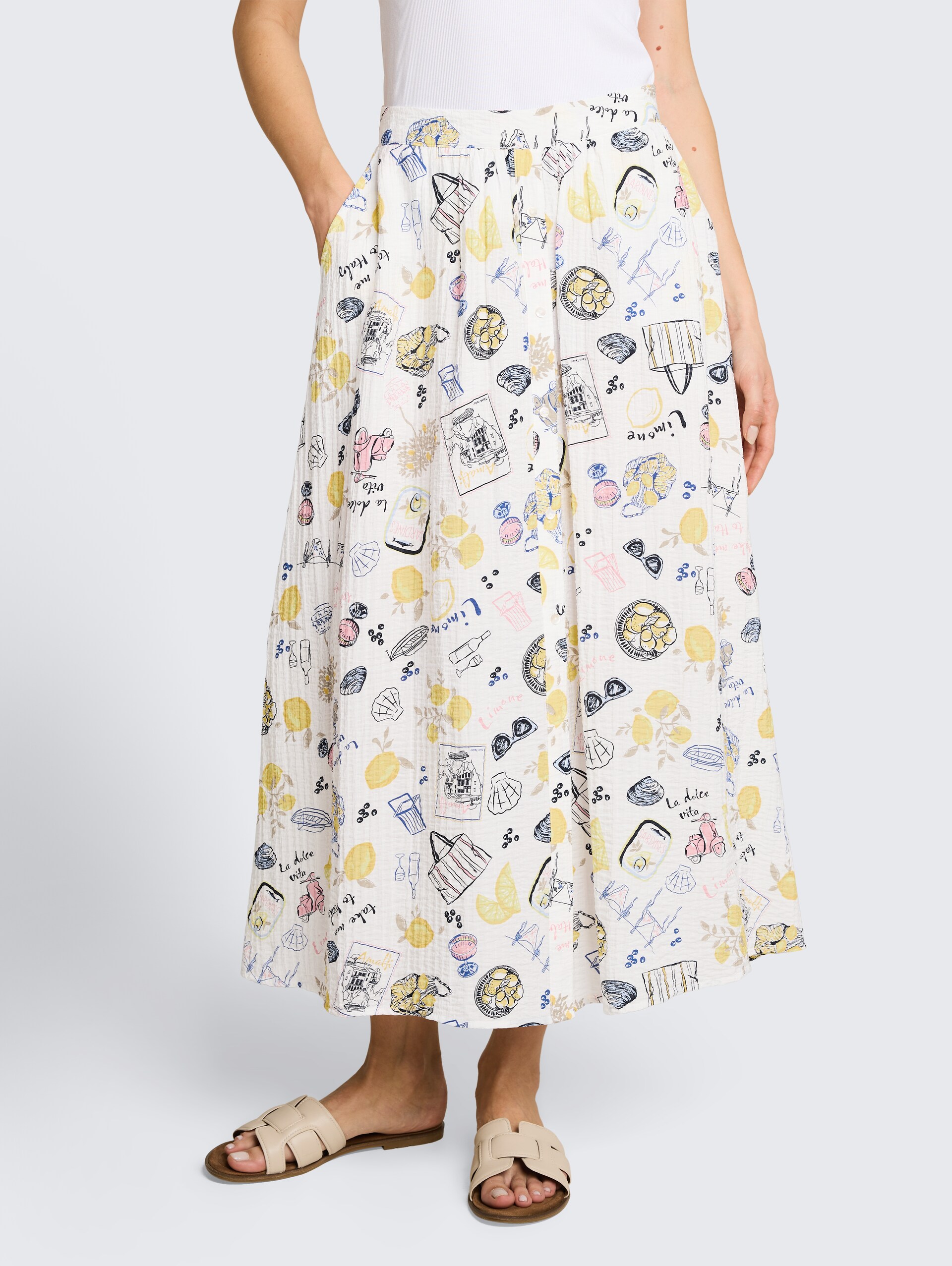 High Waist Midi-Rock mit Knopfleiste - summerly lemon print - Ausschnitt Model-Vorderansicht