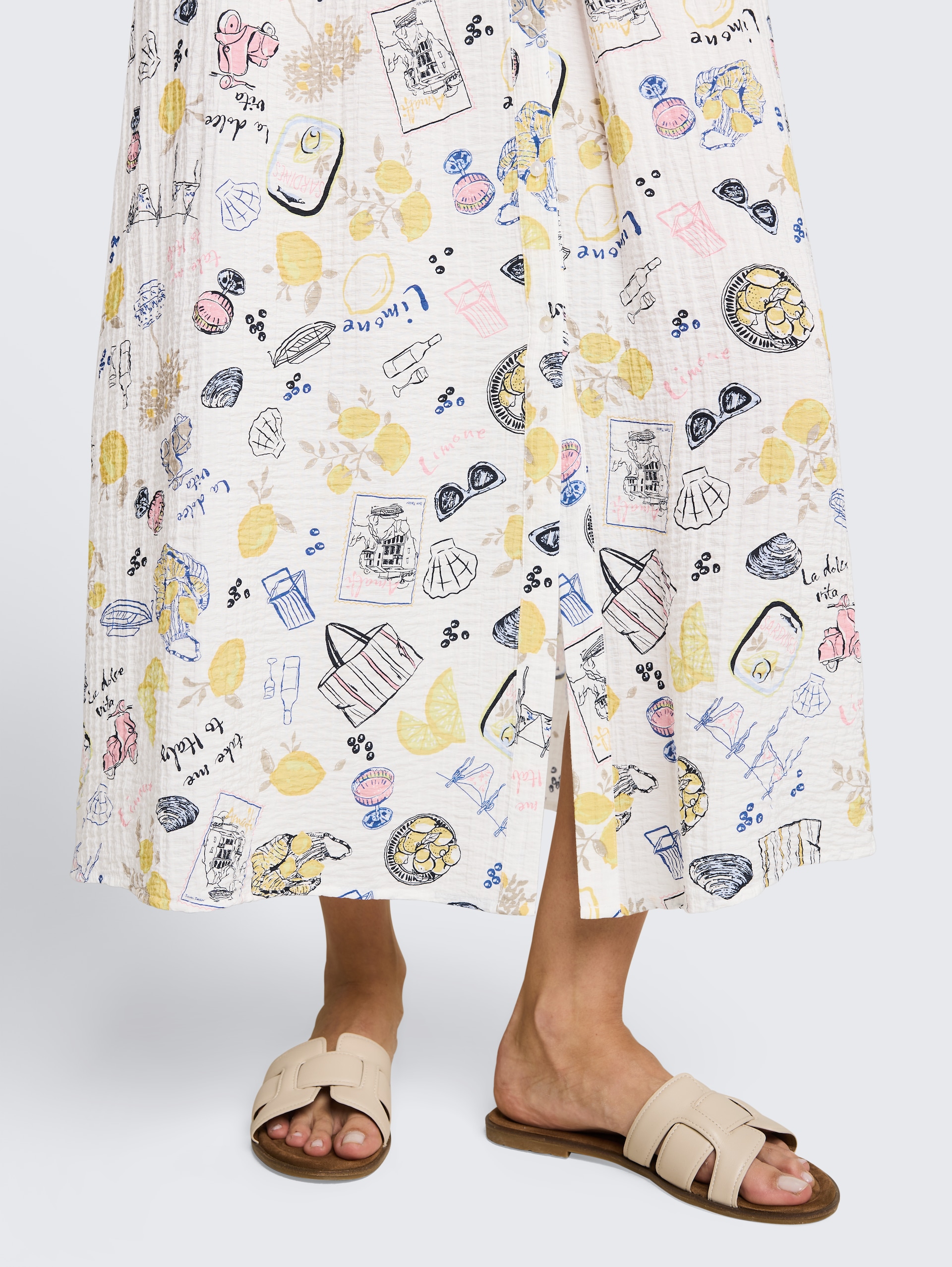 High Waist Midi-Rock mit Knopfleiste - summerly lemon print - Detail-Model-Ansicht