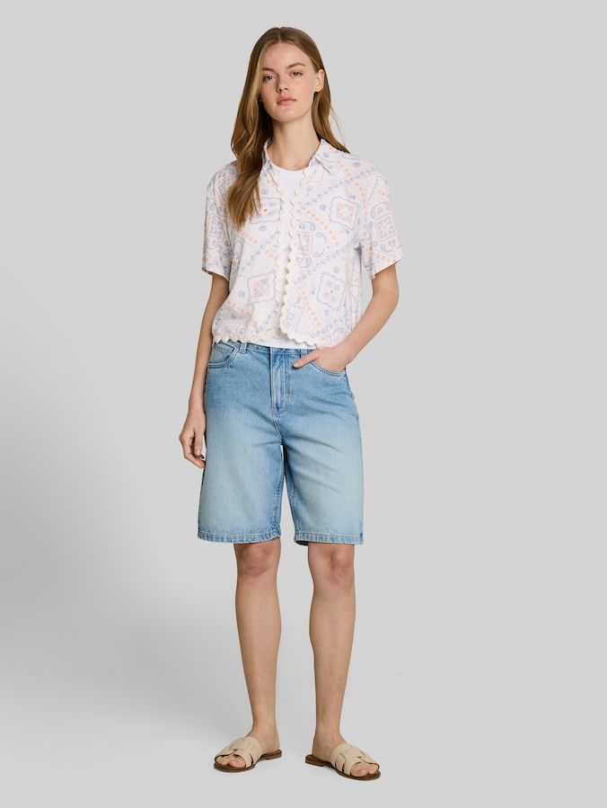 Boxy fit blouse met linnen door Denim Female, white blue coral paisley print