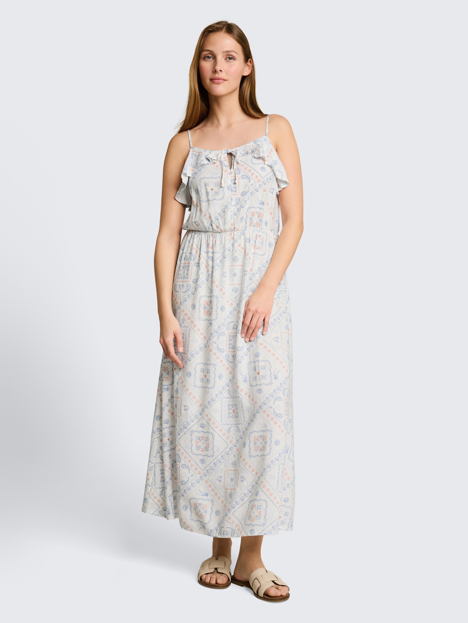 Midi-Kleid mit Leinenanteil - white blue coral paisley print - Model-Vorderansicht