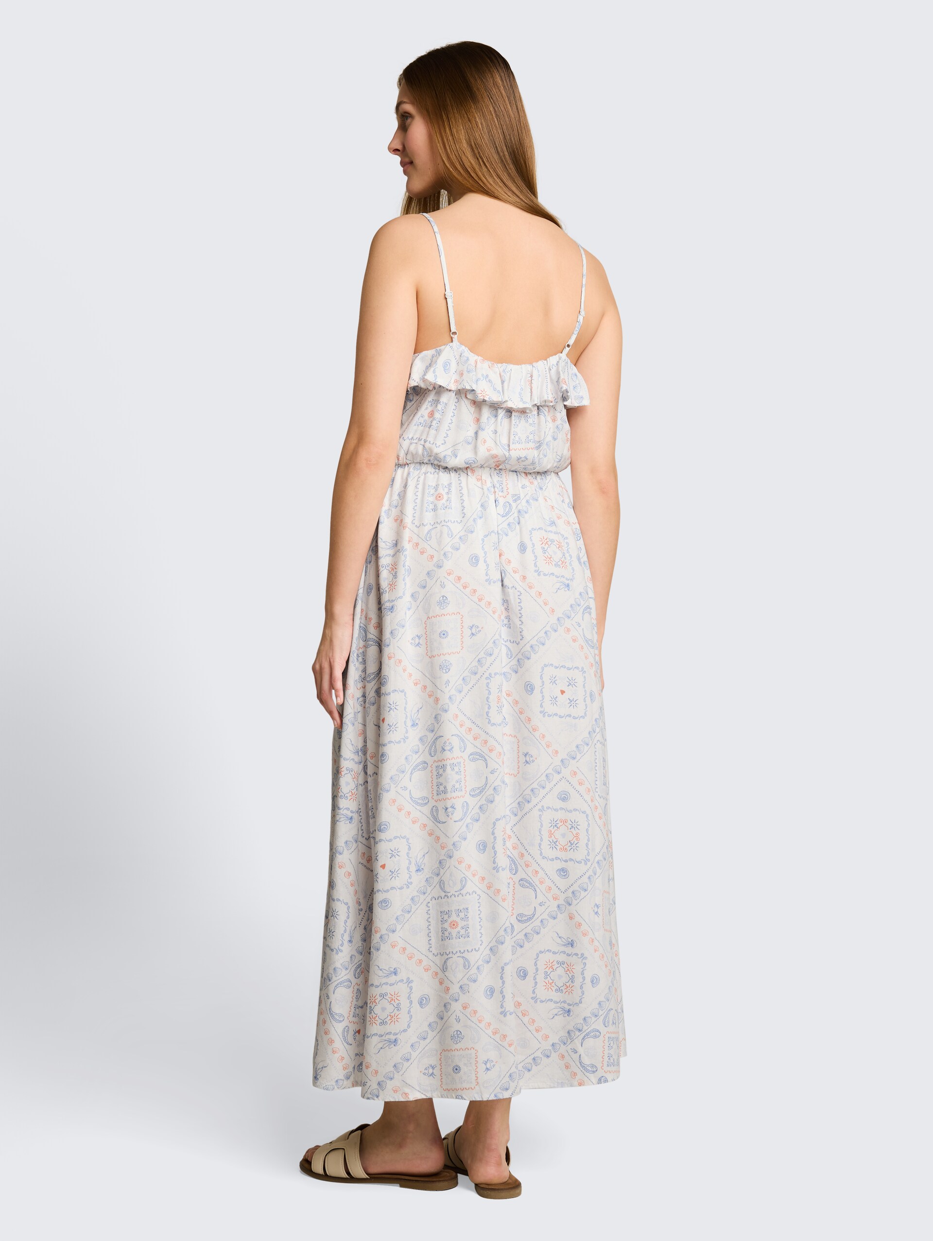 Midi-Kleid mit Leinenanteil - white blue coral paisley print - Model-Rückansicht