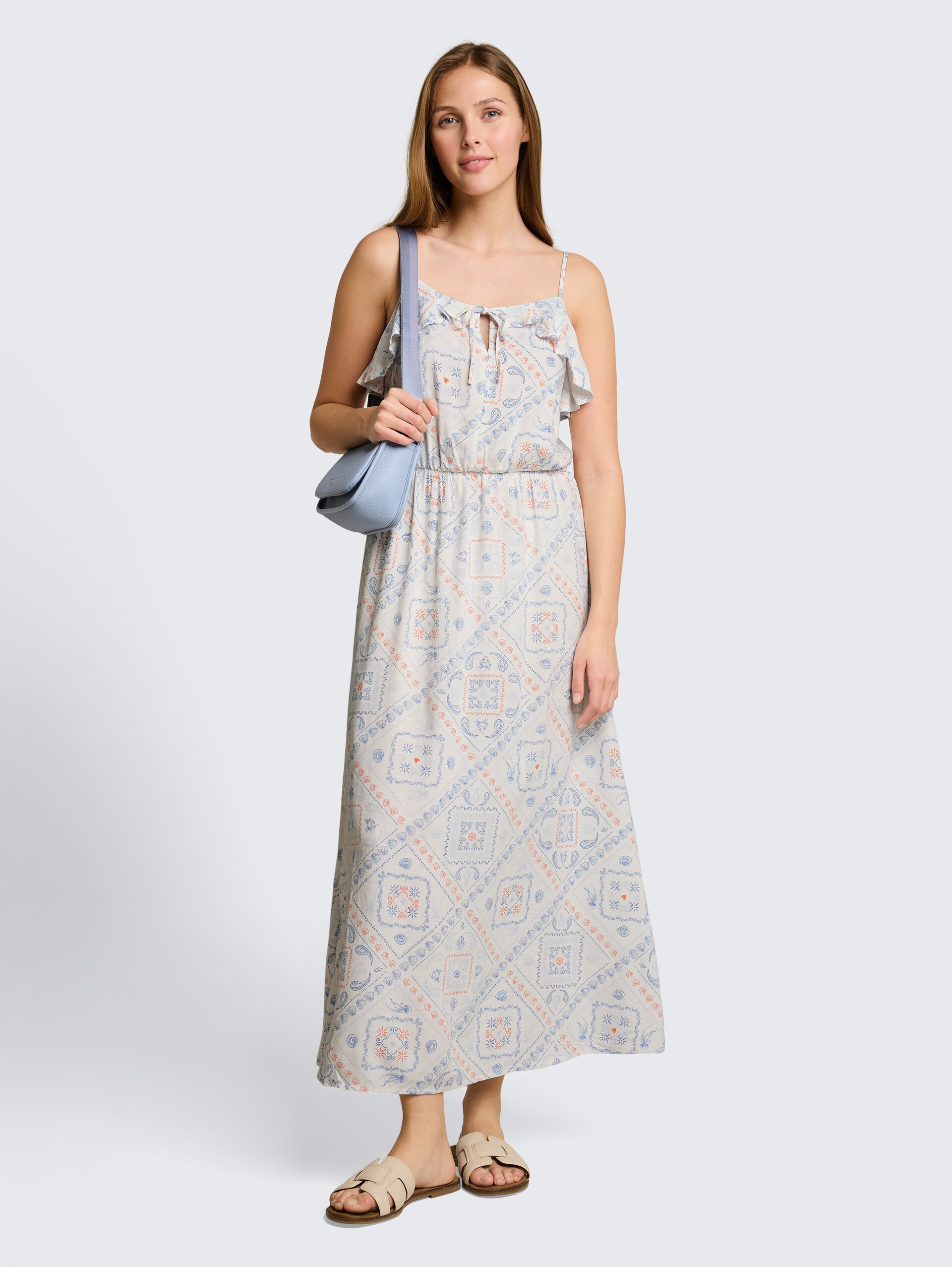 Midi-Kleid mit Leinenanteil - white blue coral paisley print - seitliche Model-Ansicht