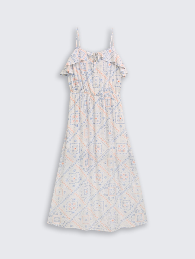 Midi dress with linen blend by Denim Female, white blue coral paisley print