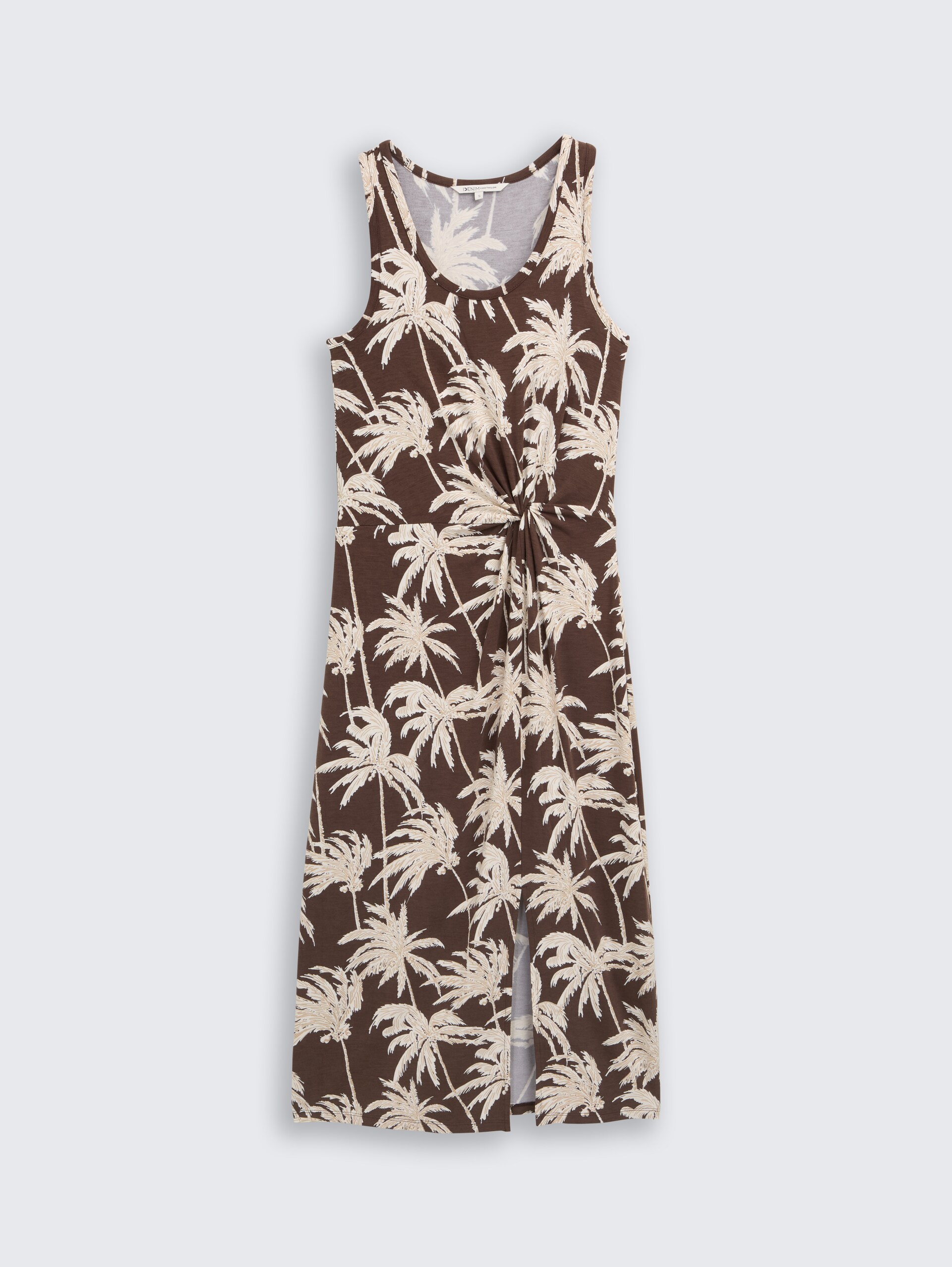 Getailleerde midi-jurk met knoopdetail - brown palmtree print - Product vooraanzicht