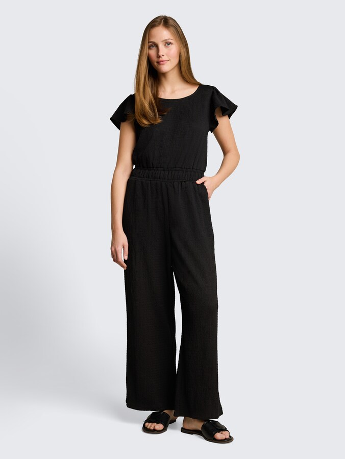 Crinkle jumpsuit met ruches aan de mouwen door Denim Female, deep black