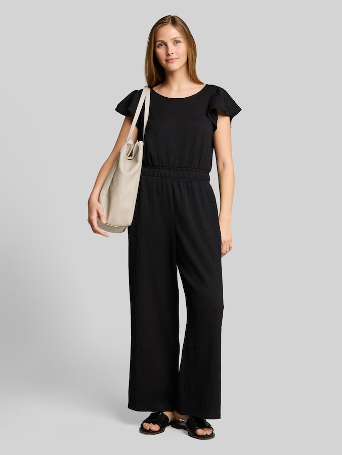 Crinkle jumpsuit met ruches aan de mouwen door Denim Female, deep black