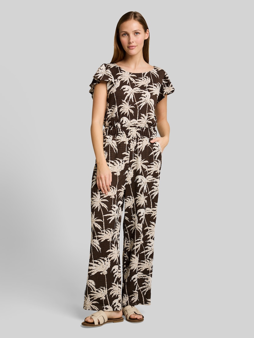 Crinkle jumpsuit met ruches aan de mouwen door Denim Female, brown palmtree print