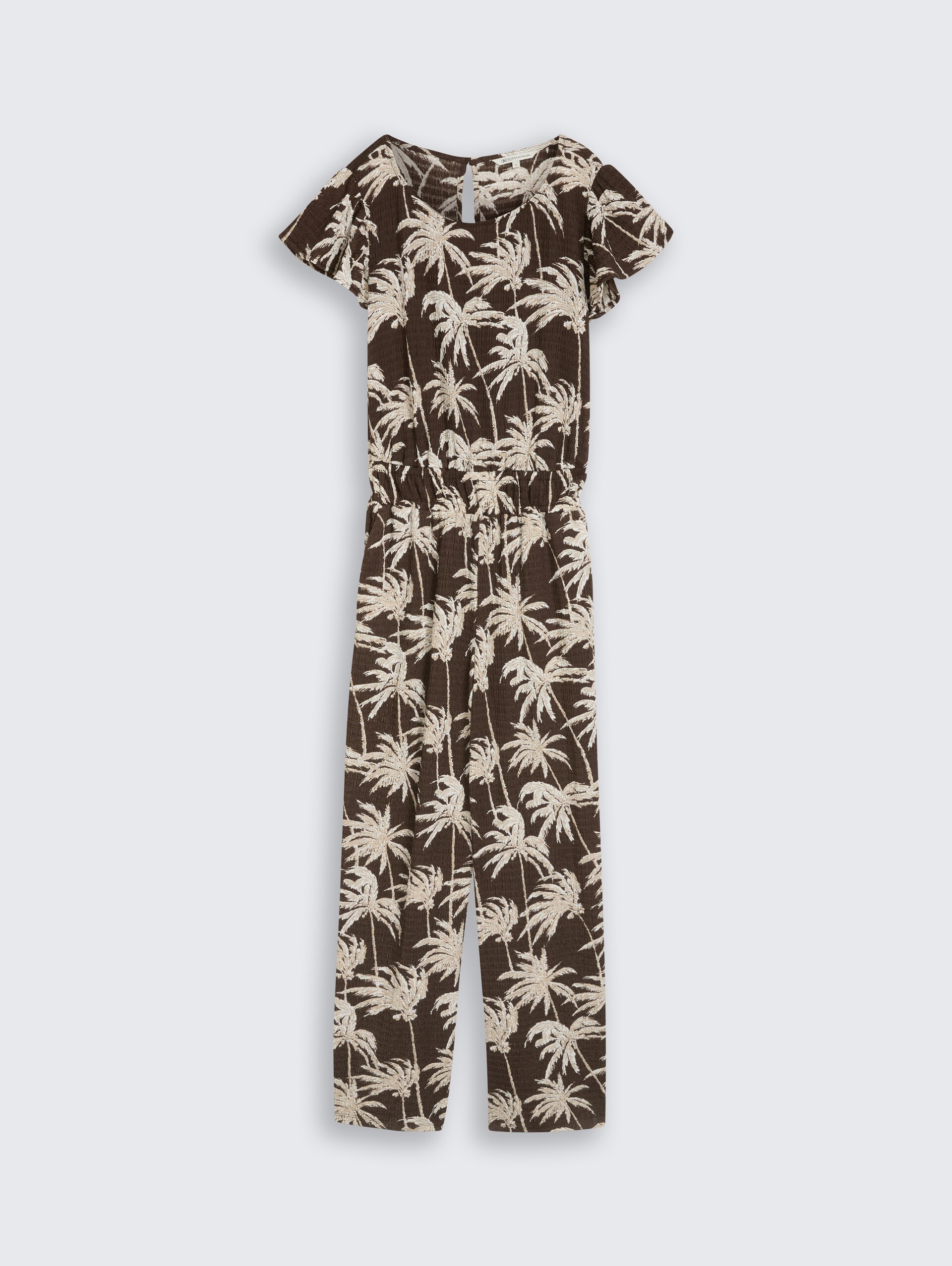 Crinkle Jumpsuit mit Rüschenärmeln - brown palmtree print - Vorder-Produkt-Ansicht
