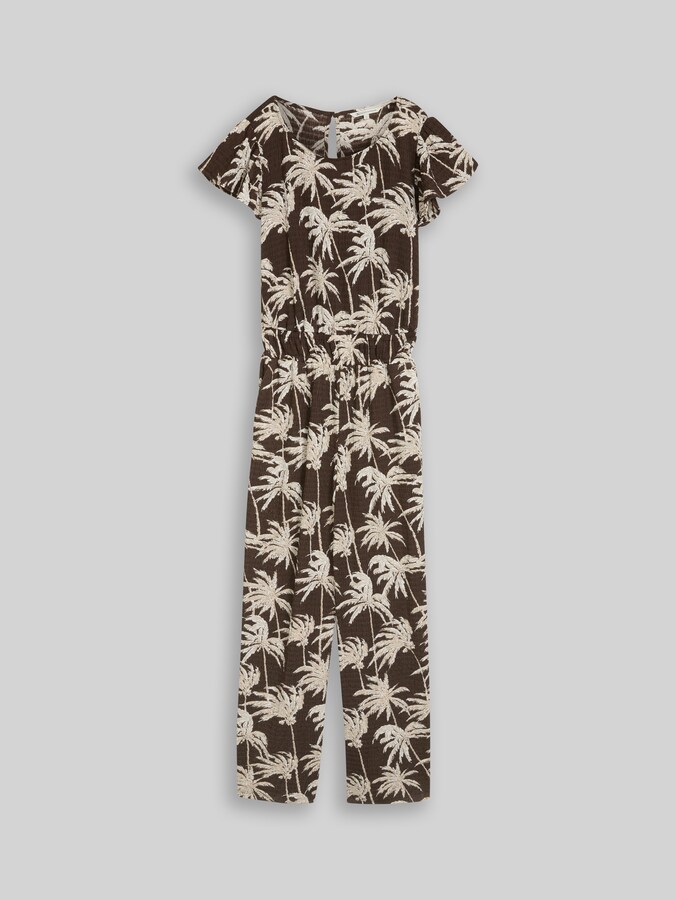 Combinaison froissée à manches à volants par Denim Female, brown palmtree print