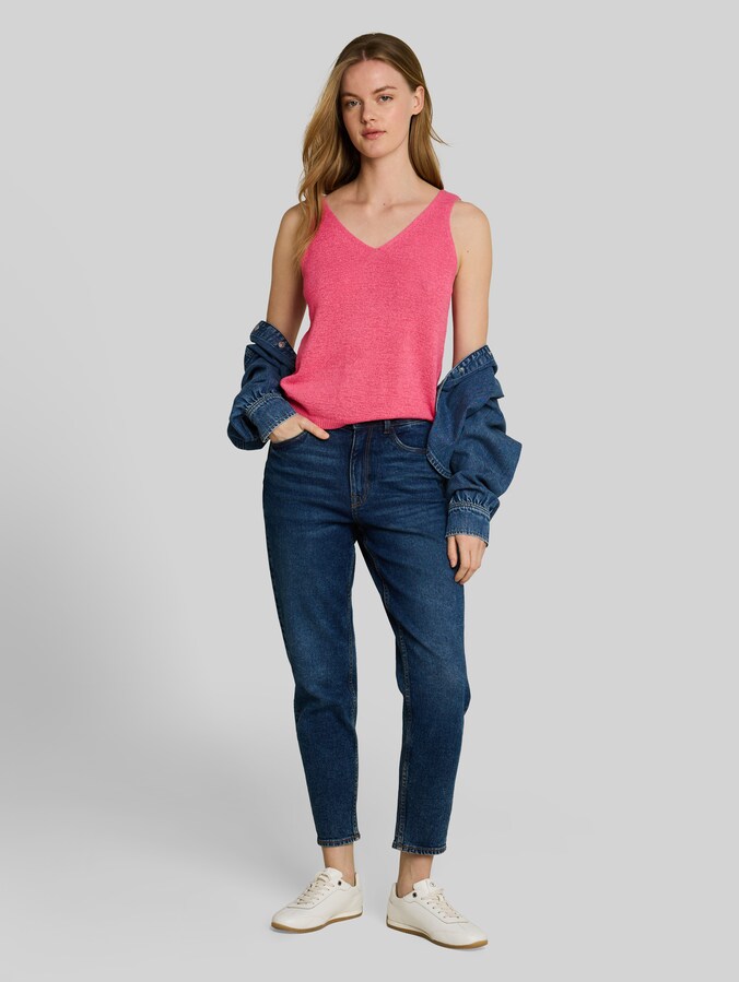 Relaxed-fit knitted top with V-neck by Denim Female, soft bright pink