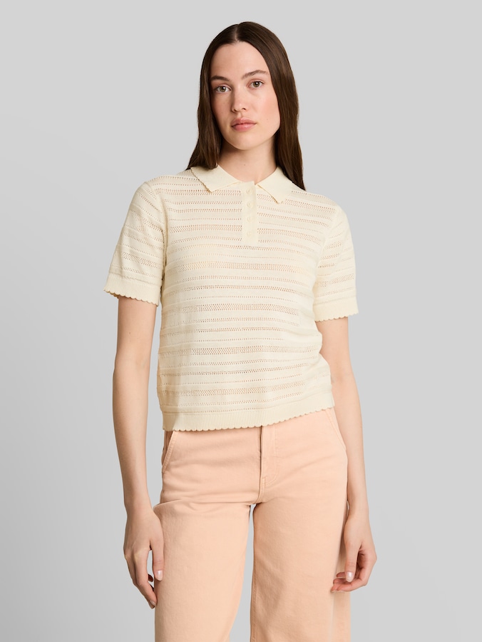 Knitted polo shirt with eyelet pattern by Denim Female, Dove White