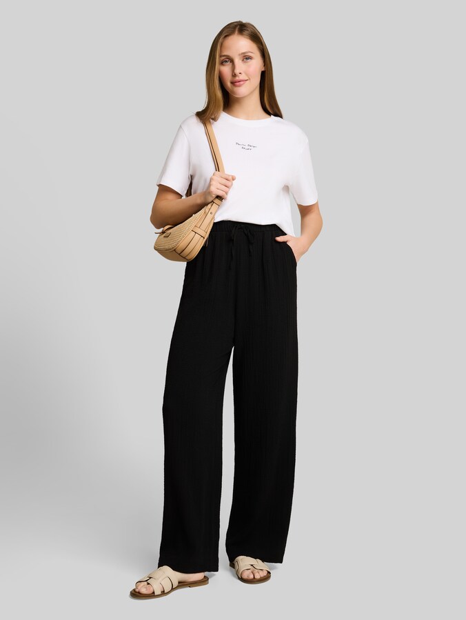 Seersucker Wide Leg Hose mit Kordelzug von Denim Female, deep black