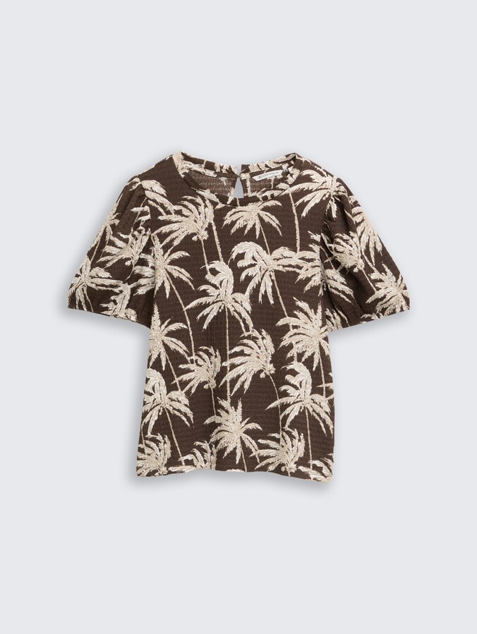 Crinkle T-Shirt mit Ballonärmeln von Denim Female, brown palmtree print