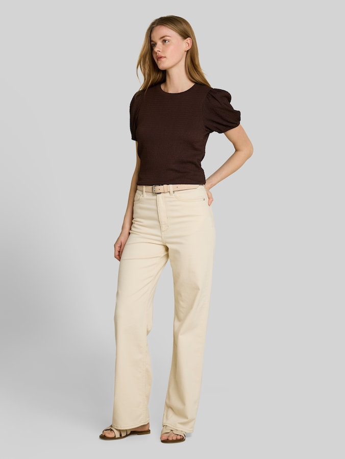 Crinkle T-shirt met ballonmouwen door Denim Female, cool dark brown