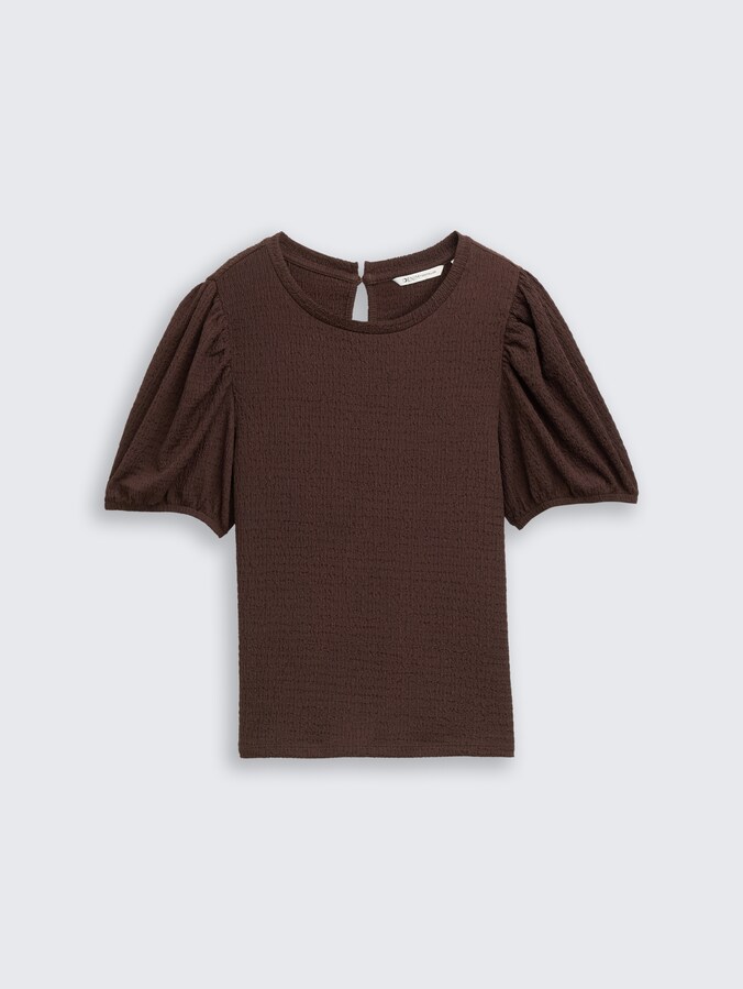 Crinkle T-shirt met ballonmouwen door Denim Female, cool dark brown