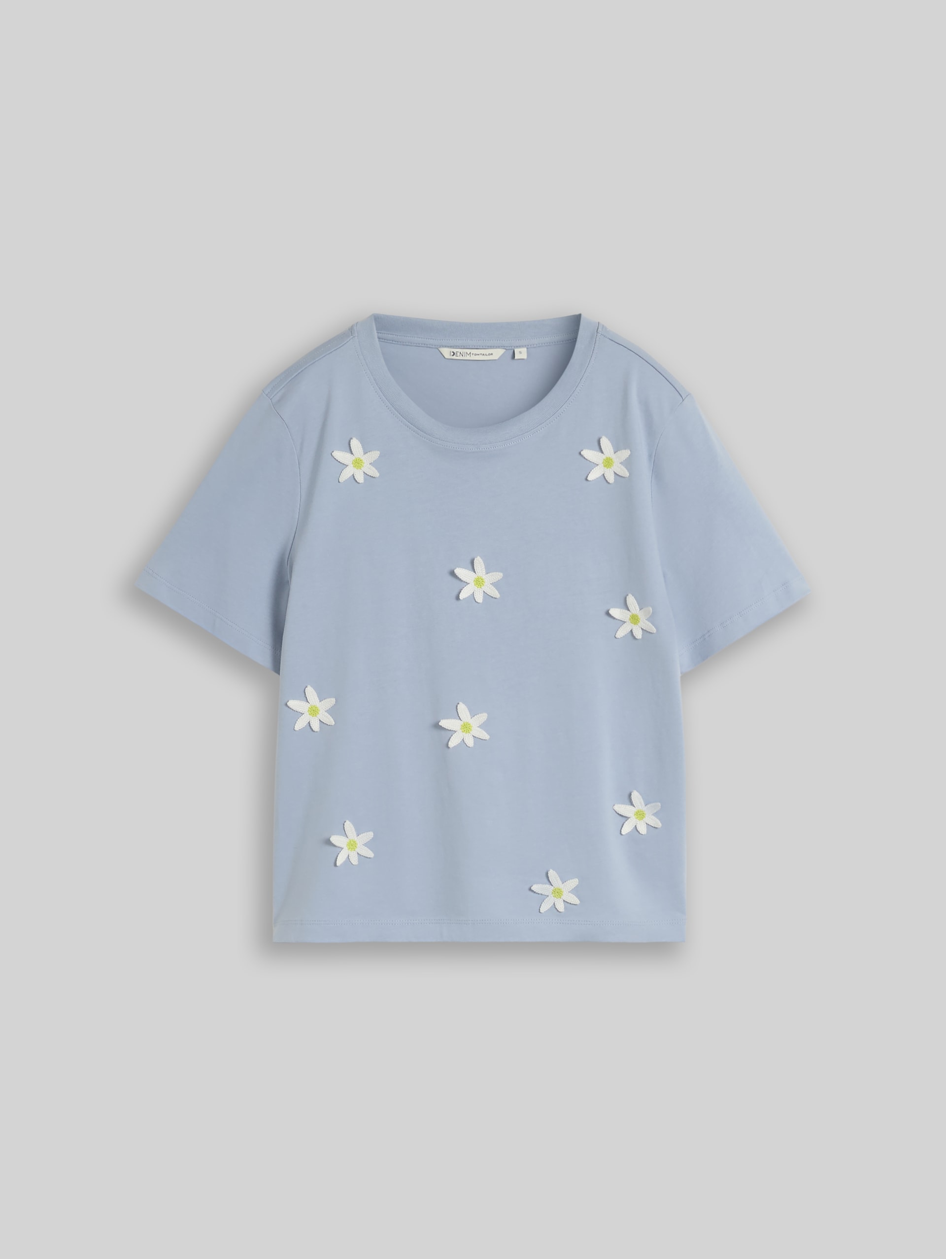 Loose Fit T-Shirt mit Häkelblumen-Applikationen - foggy sky blue - Vorder-Produkt-Ansicht