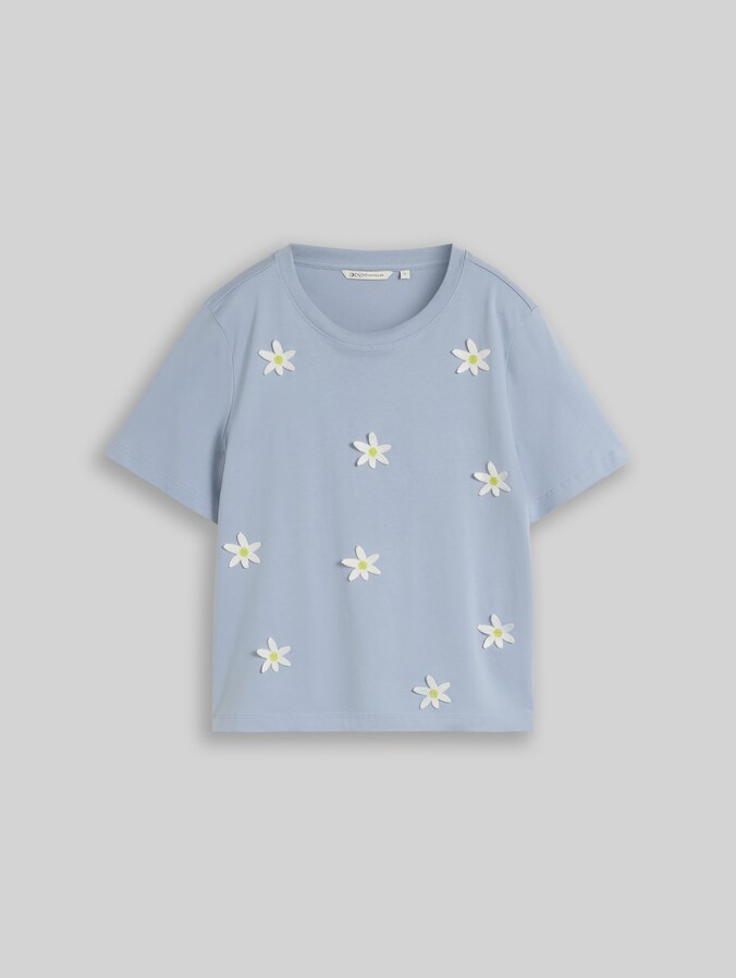 Loose Fit T-Shirt mit Häkelblumen-Applikationen von Denim Female, foggy sky blue