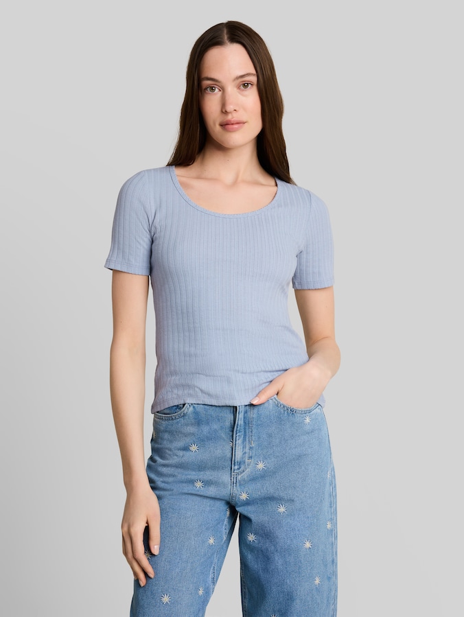 Slim fit T-shirt met pointelle door Denim Female, foggy sky blue