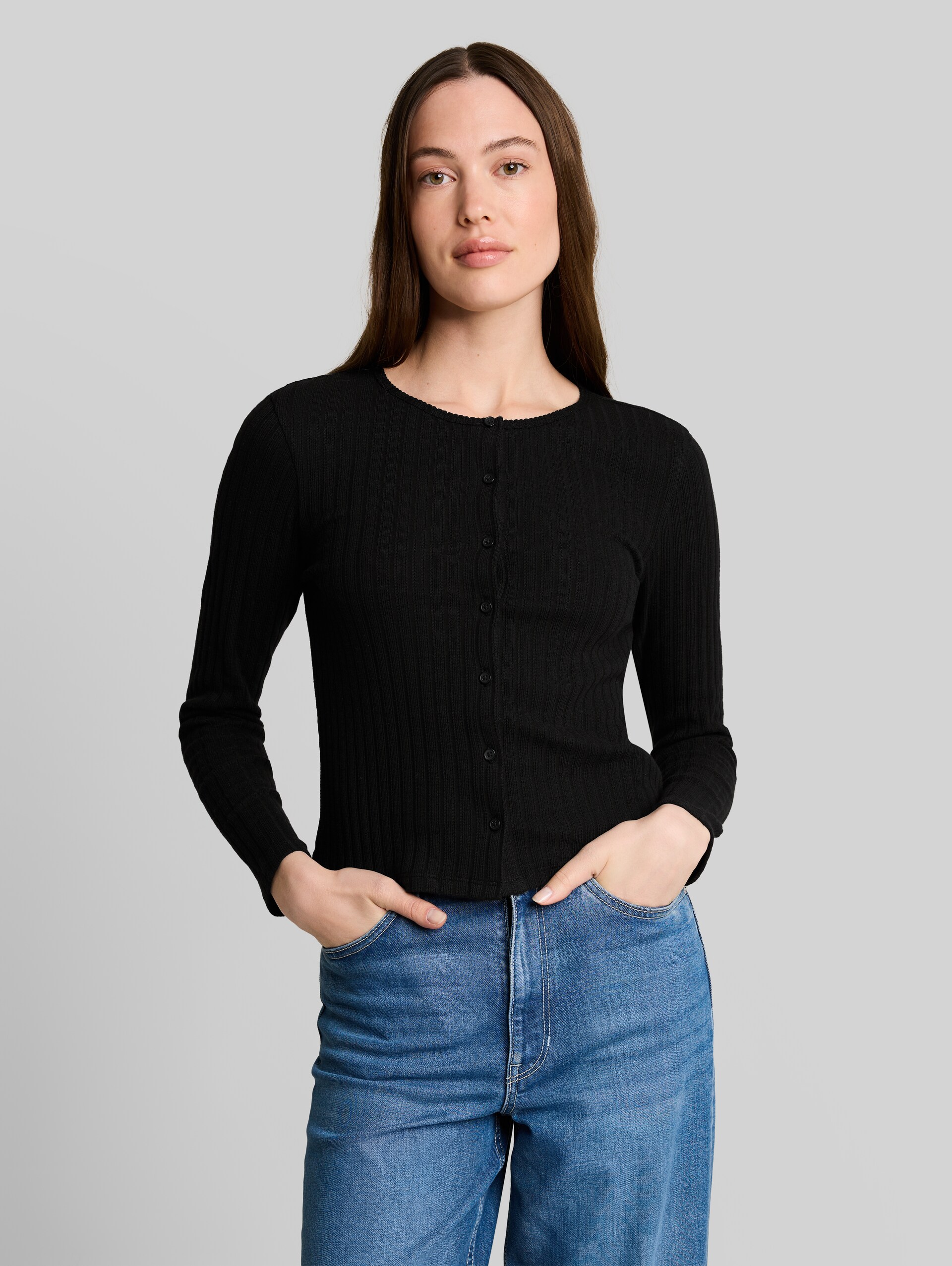 Pointelle-vest met knoopsluiting - deep black - Nek model vooraanzicht