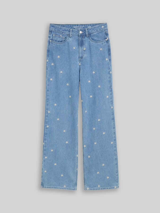 TTLINOU WIDE jeans met bloemenborduursels door Denim Female, blue white daisy embroidery