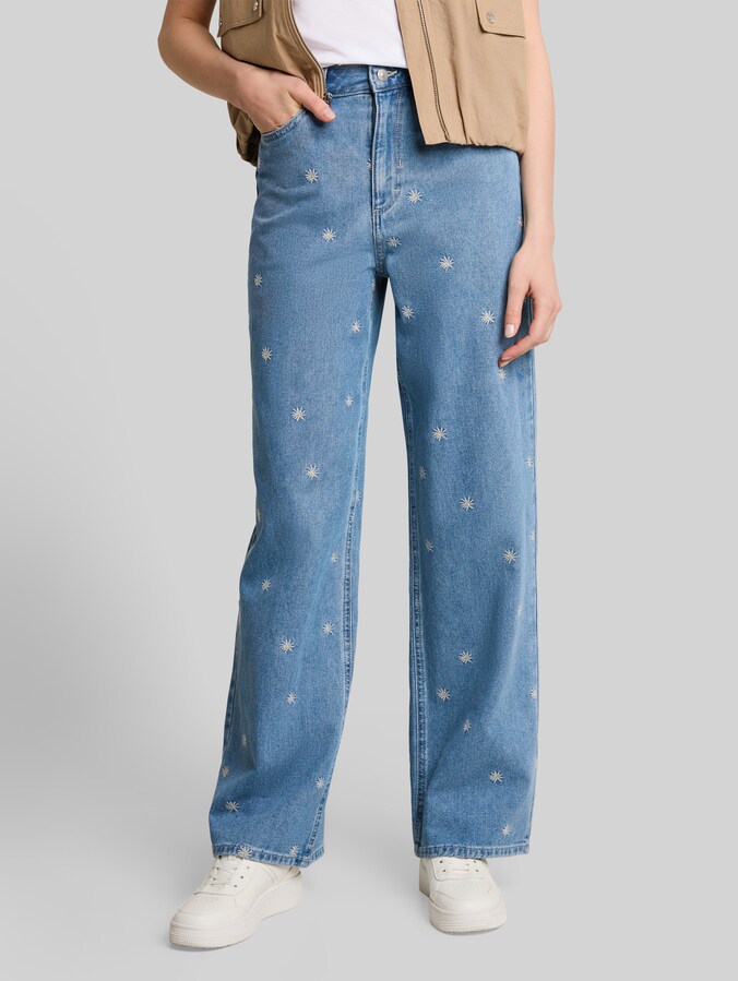 TTLINOU WIDE Jeans mit Blumen-Stickerei von Denim Female, blue white daisy embroidery