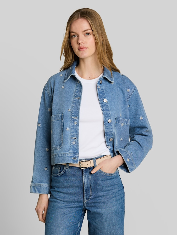 Denim jacket with embroidery by Denim Female, blue white daisy embroidery