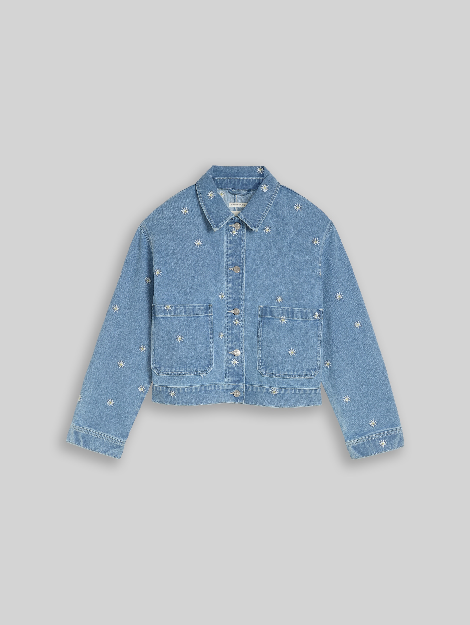 Denim jacket with embroidery - blue white daisy embroidery - Front product view