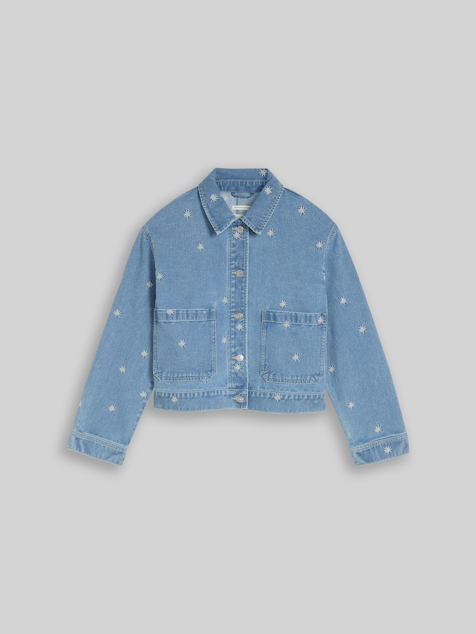 Jeansjacke mit Stickereien von Denim Female, blue white daisy embroidery