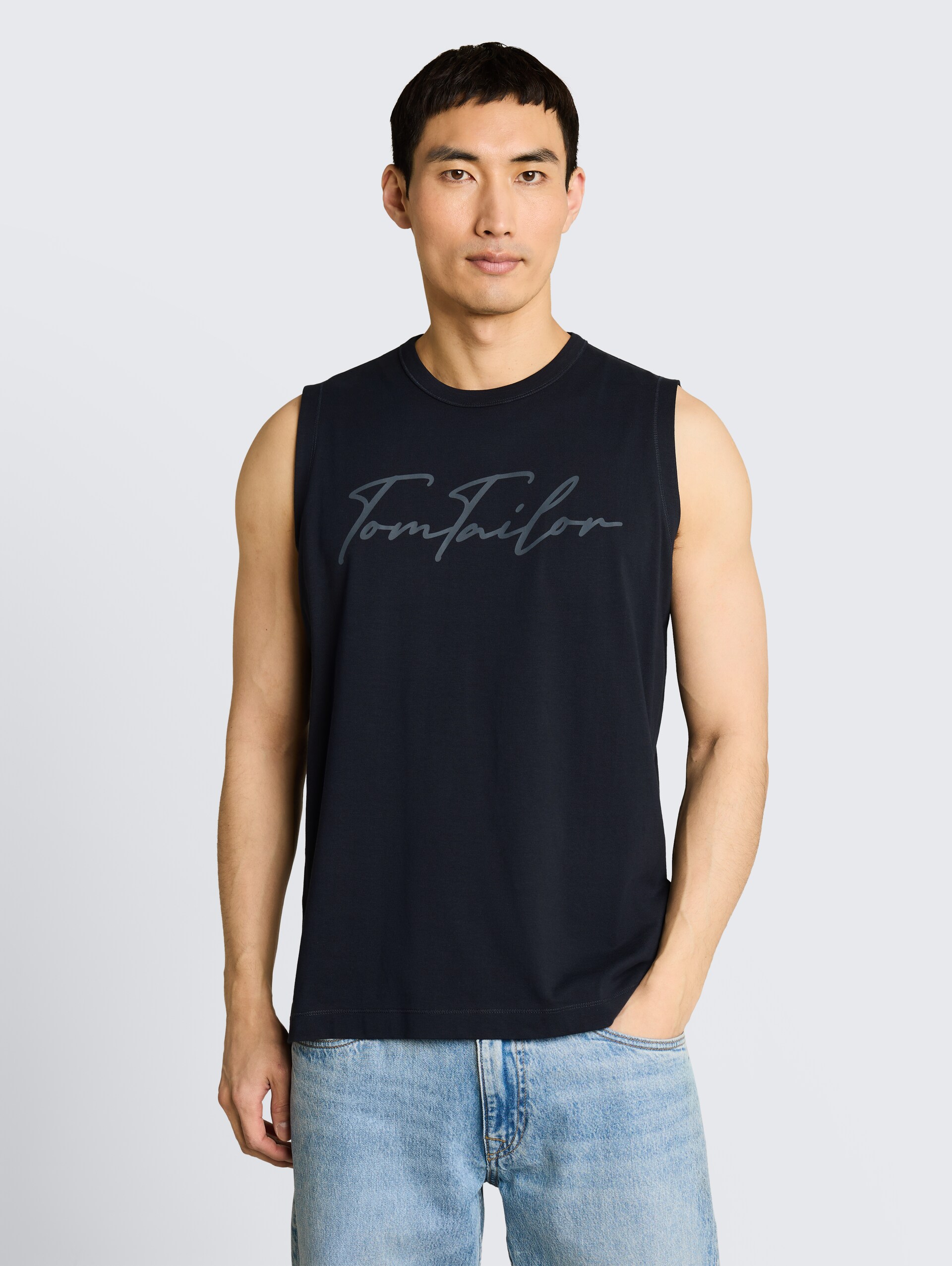 Tanktop met logoprint - sky captain blue - Nek model vooraanzicht