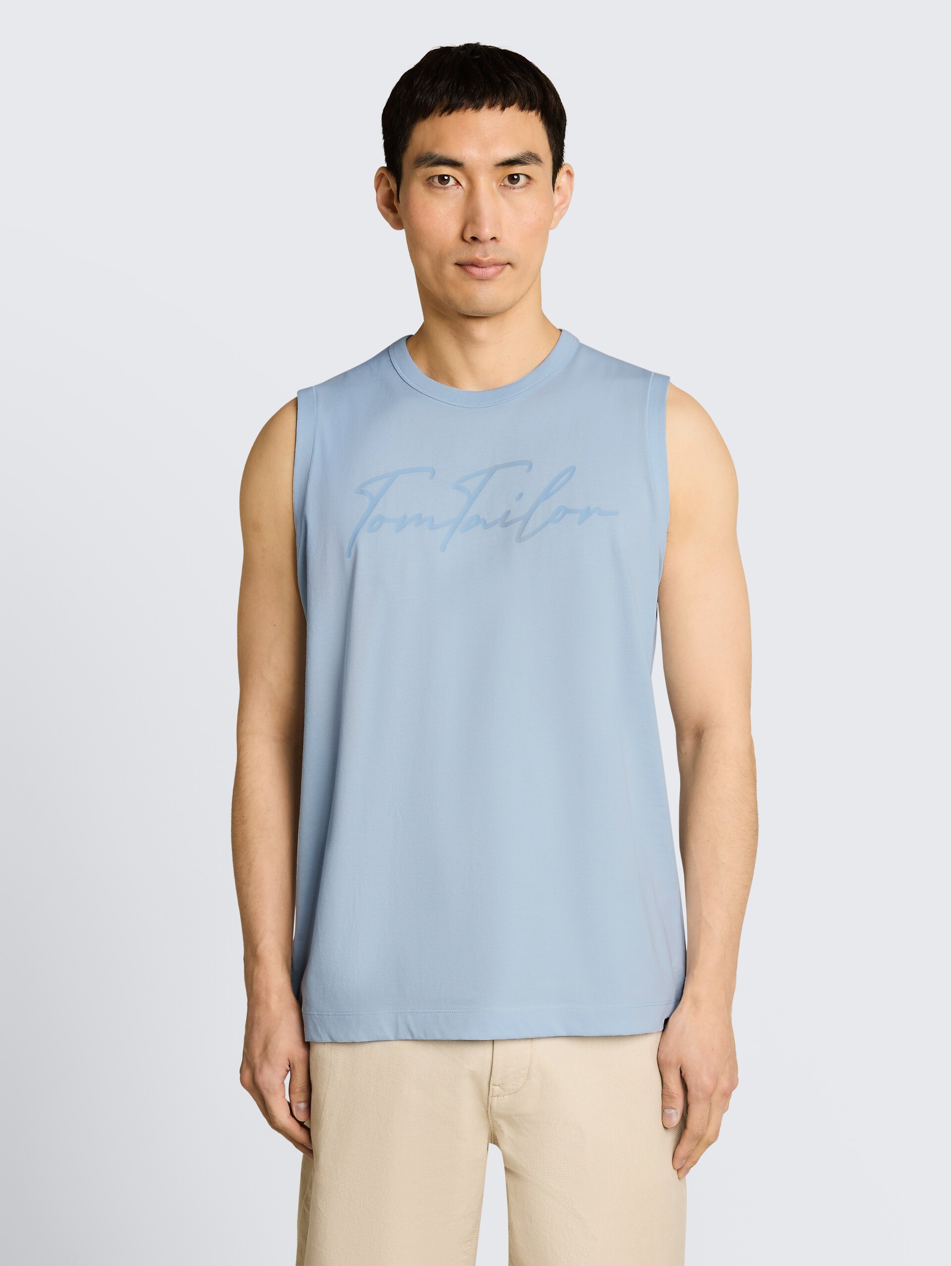 Tanktop met logoprint - light blue grey - Nek model vooraanzicht