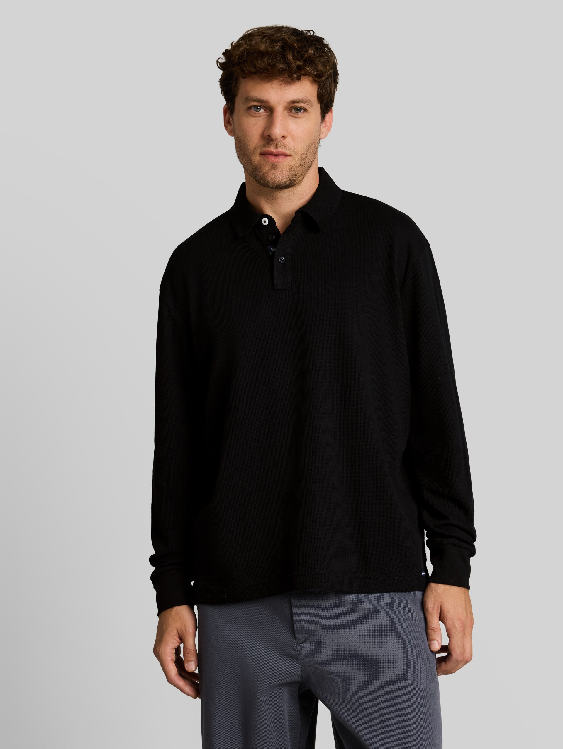 Langarm Poloshirt mit Waffelstruktur - Black