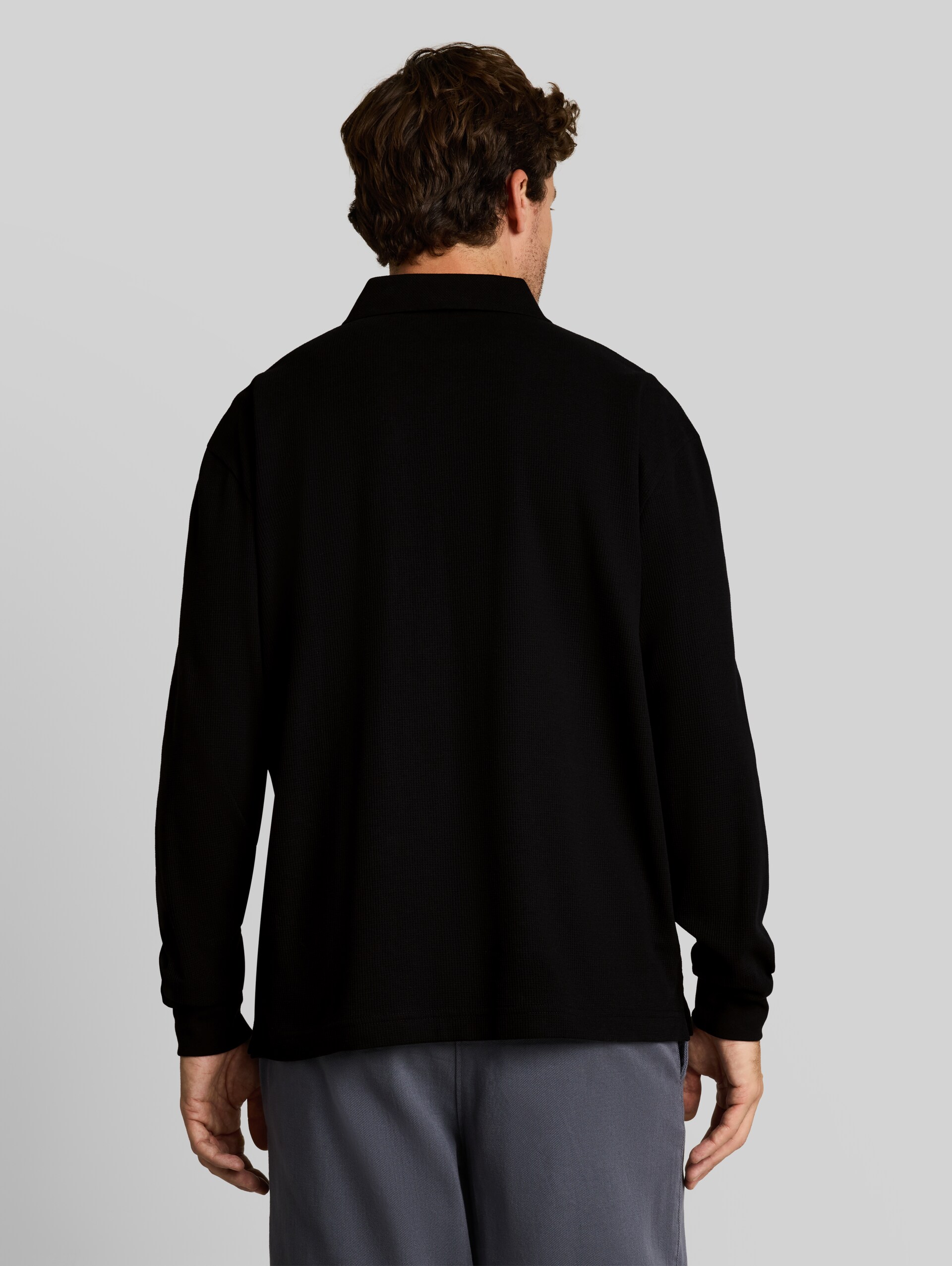 Langarm Poloshirt mit Waffelstruktur - Black