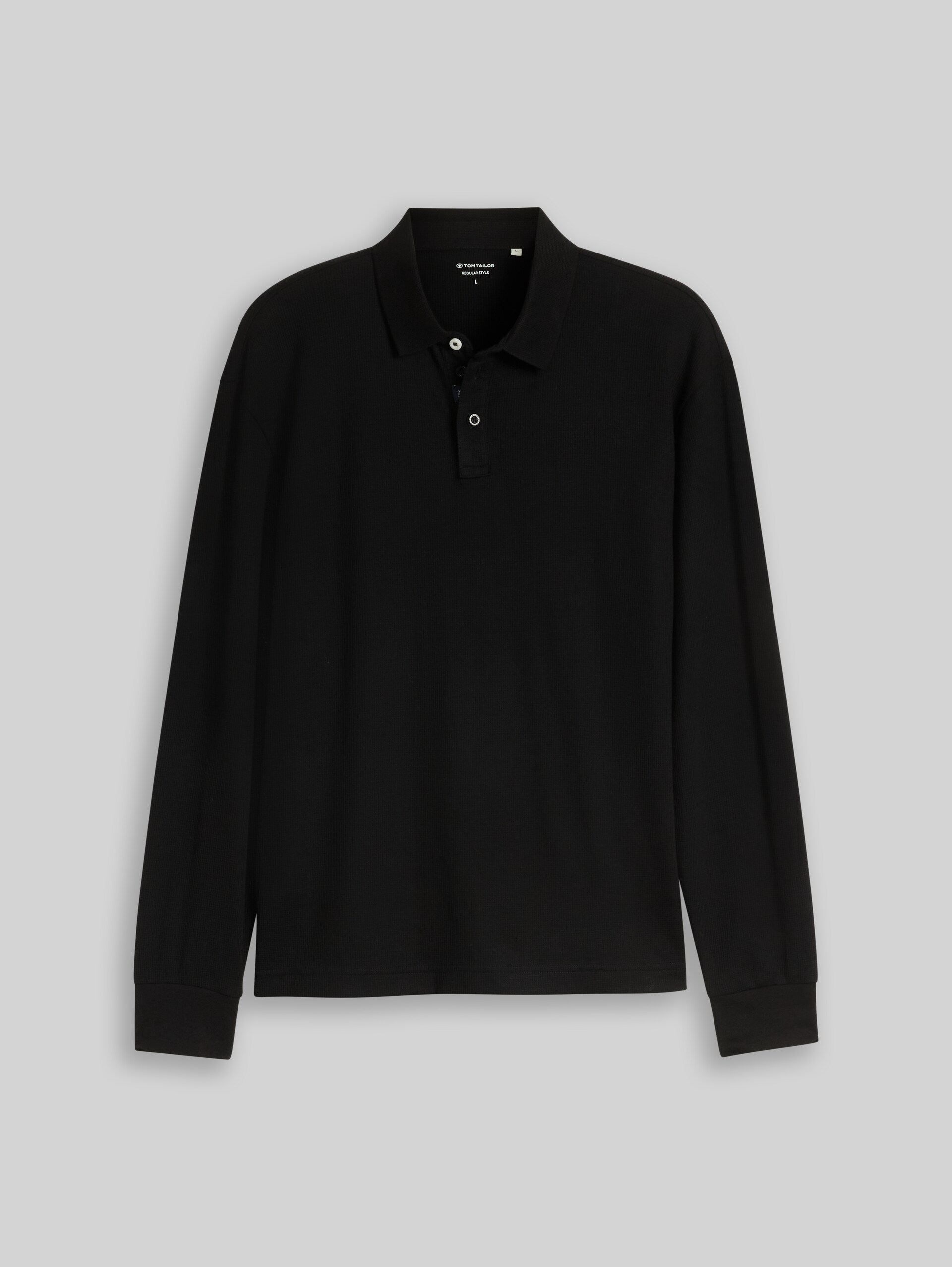Langarm Poloshirt mit Waffelstruktur - Black